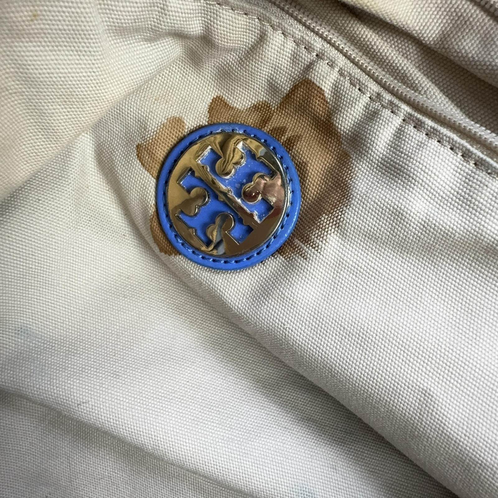Tory Burch Tote Bag Womens Large Blue Canvas Logo Beach Travel Shoulder Zip