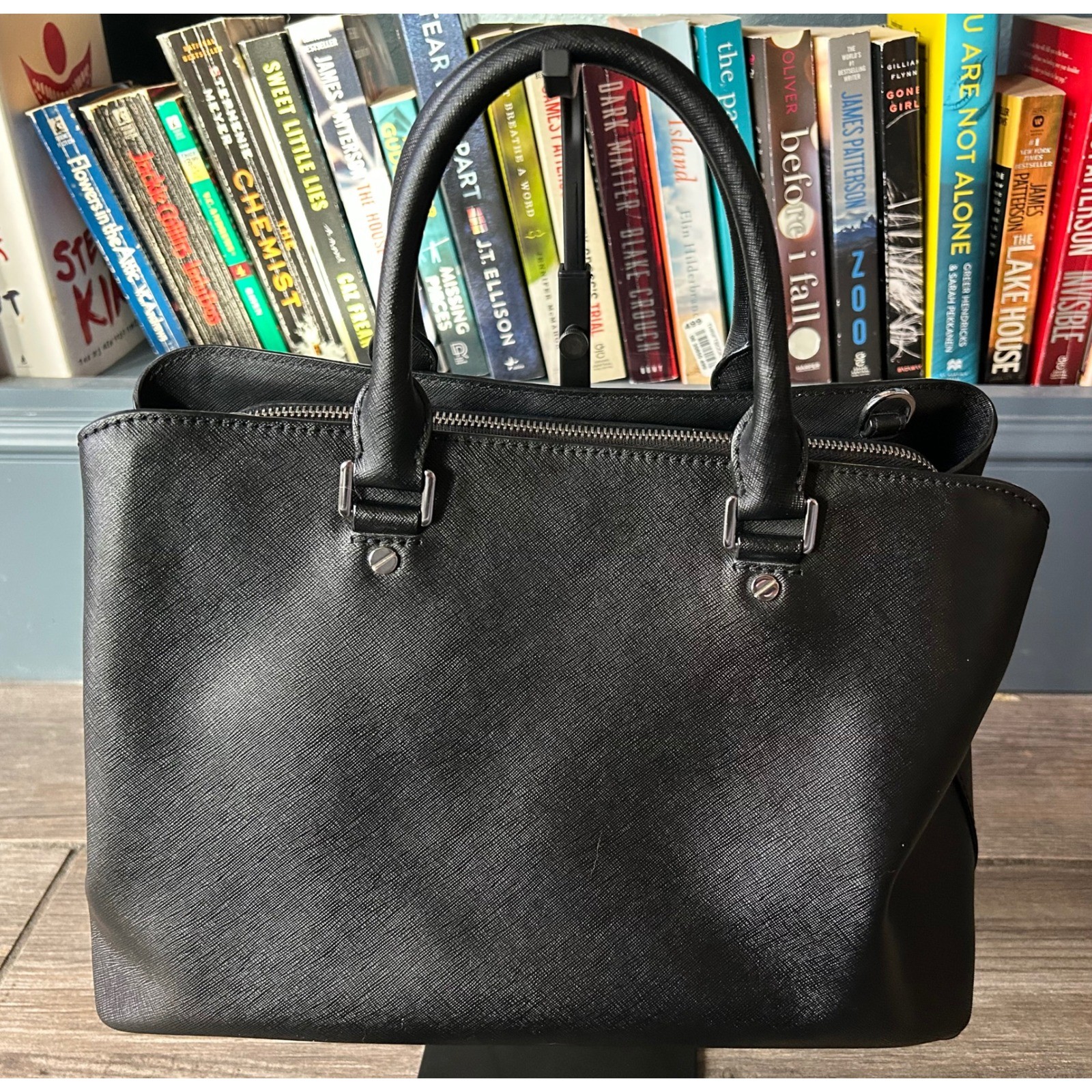 Michael Kors Savannah Black Saffiano Leather Satchel Crossbody Silver Purse Tote