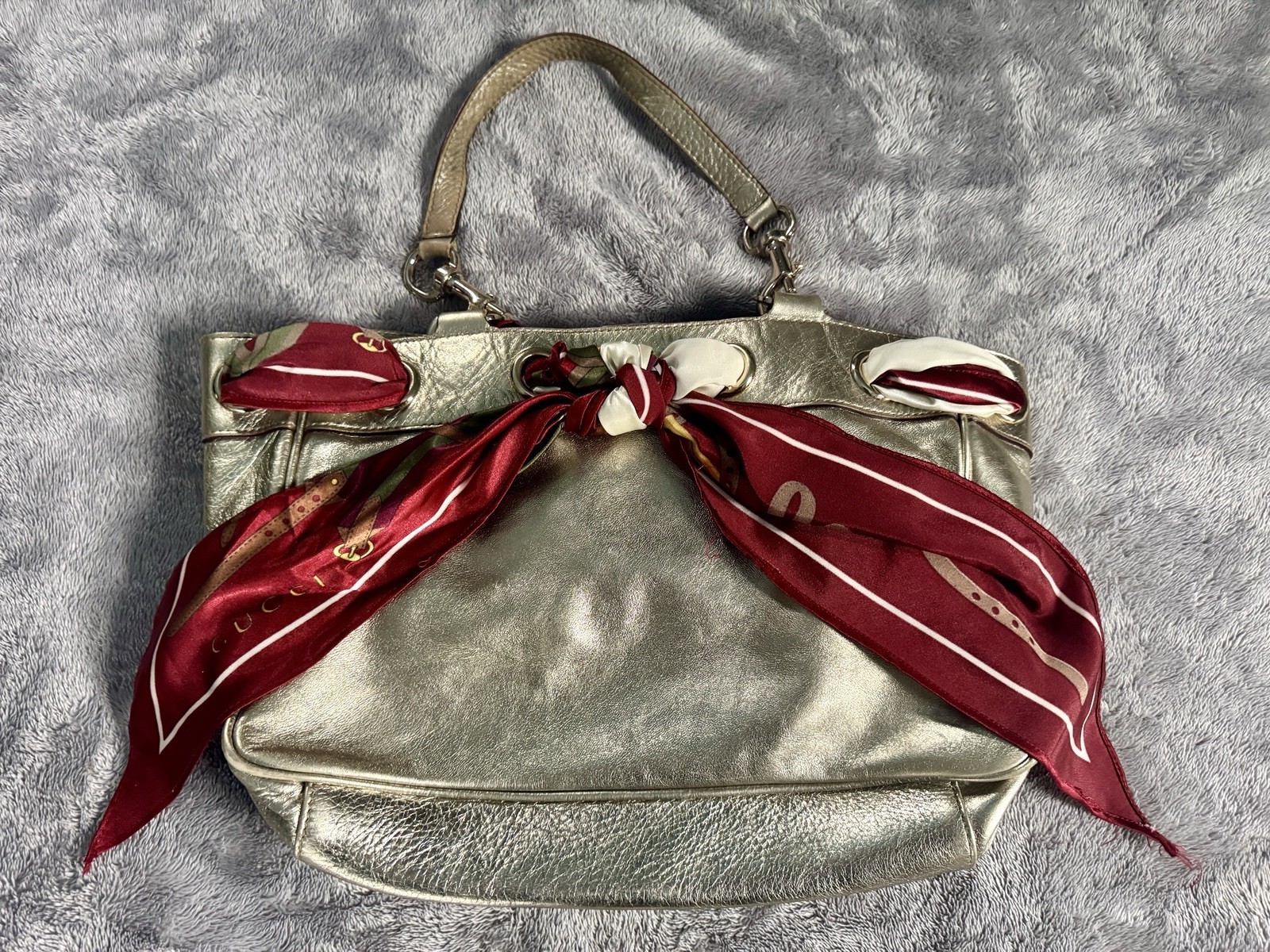 Gucci Positano Metallic Leather Tote Handbag w/ Silk Scarf – Made in Italy