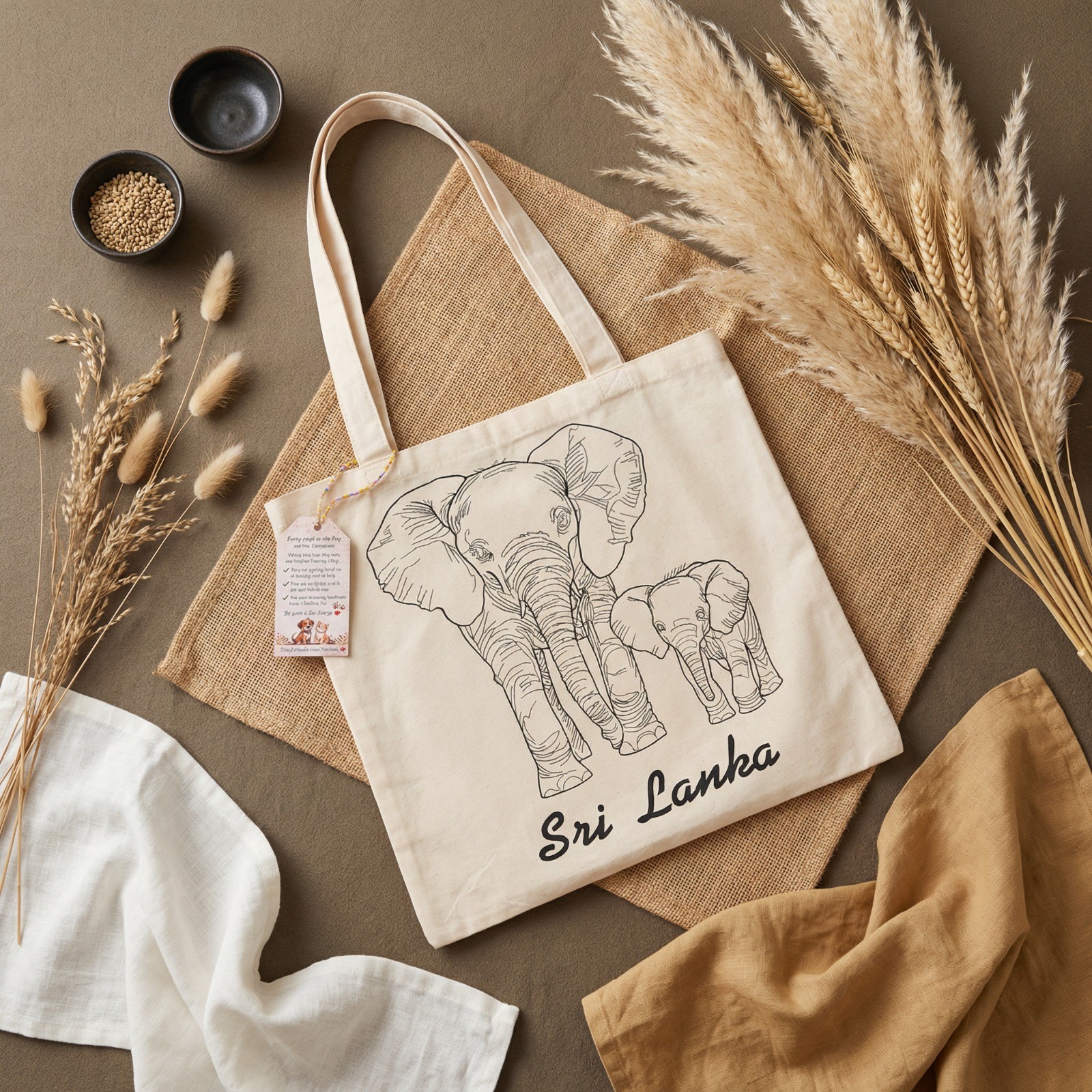 Handmade Canvas Tote Bag – Eco-Friendly Elephant Print Sri Lanka – Reusable Cott