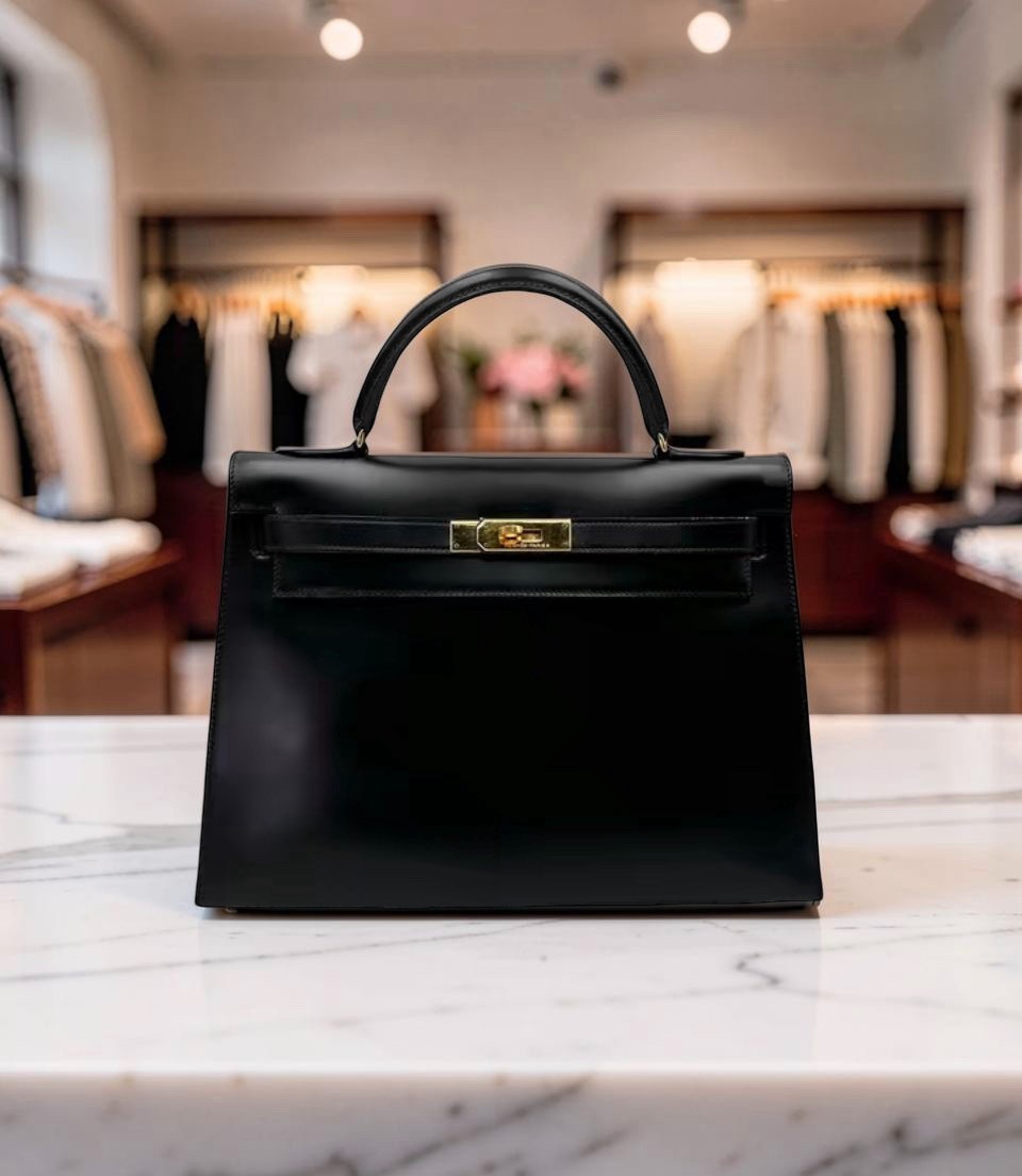 Hermes Kelly 32 Sellier 1973 Vintage Black Box Calf Gold Hardware Authentic