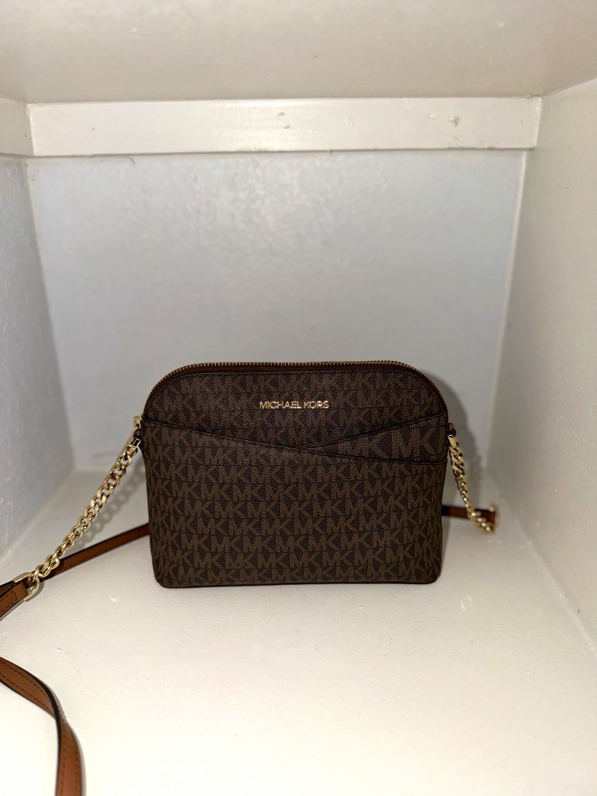 Michael Kors Brown Logo Small Crossbody Bag Zip Top Gold Chain Strap
