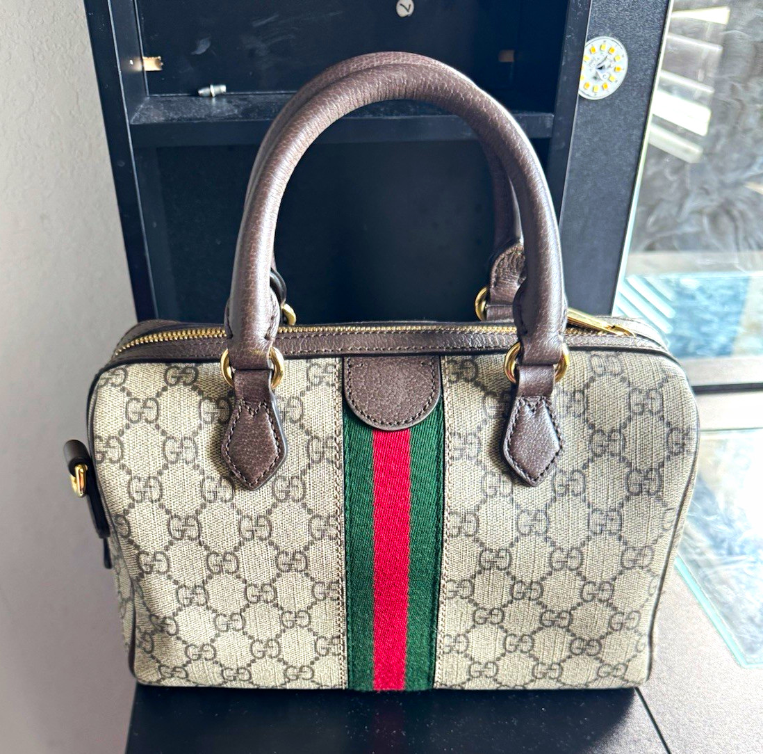 Gucci GG Monogram Web Stripe Small Zip Satchel Top Handle, Gold Hardware