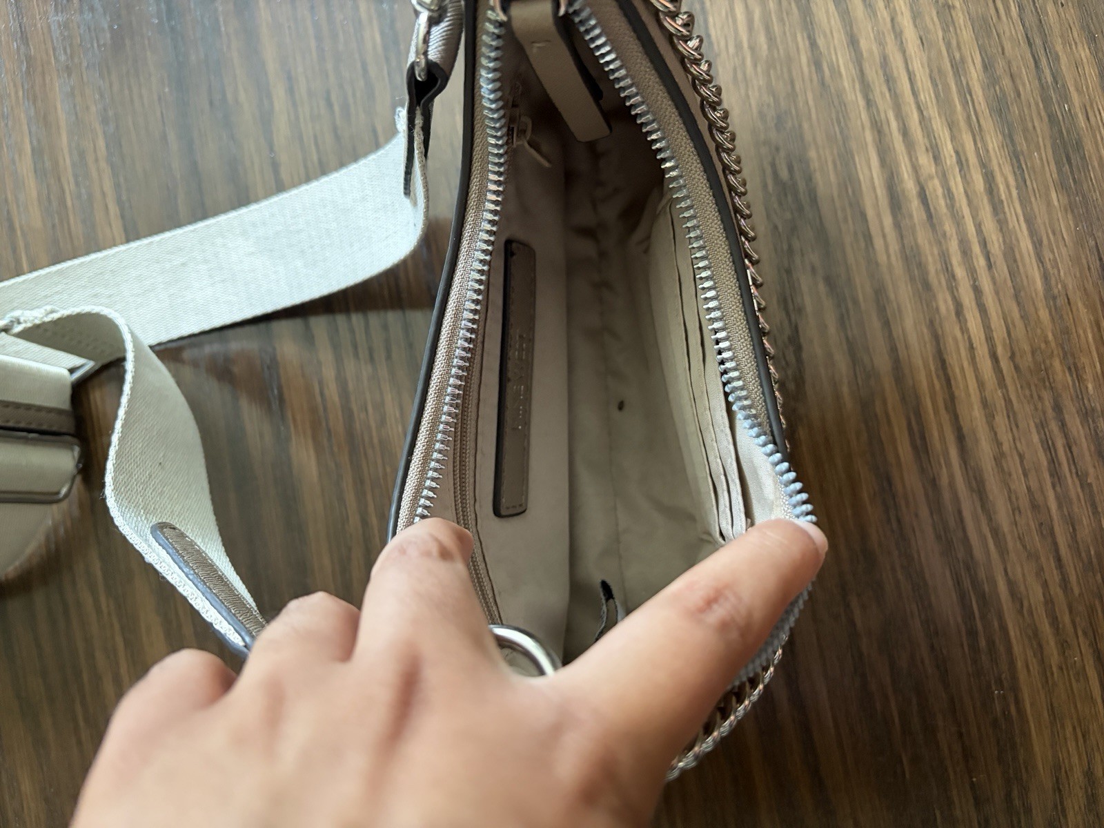 Nine West Beige Solid Crossbody Bag, Zip Closure, Adjustable Strap, Silver
