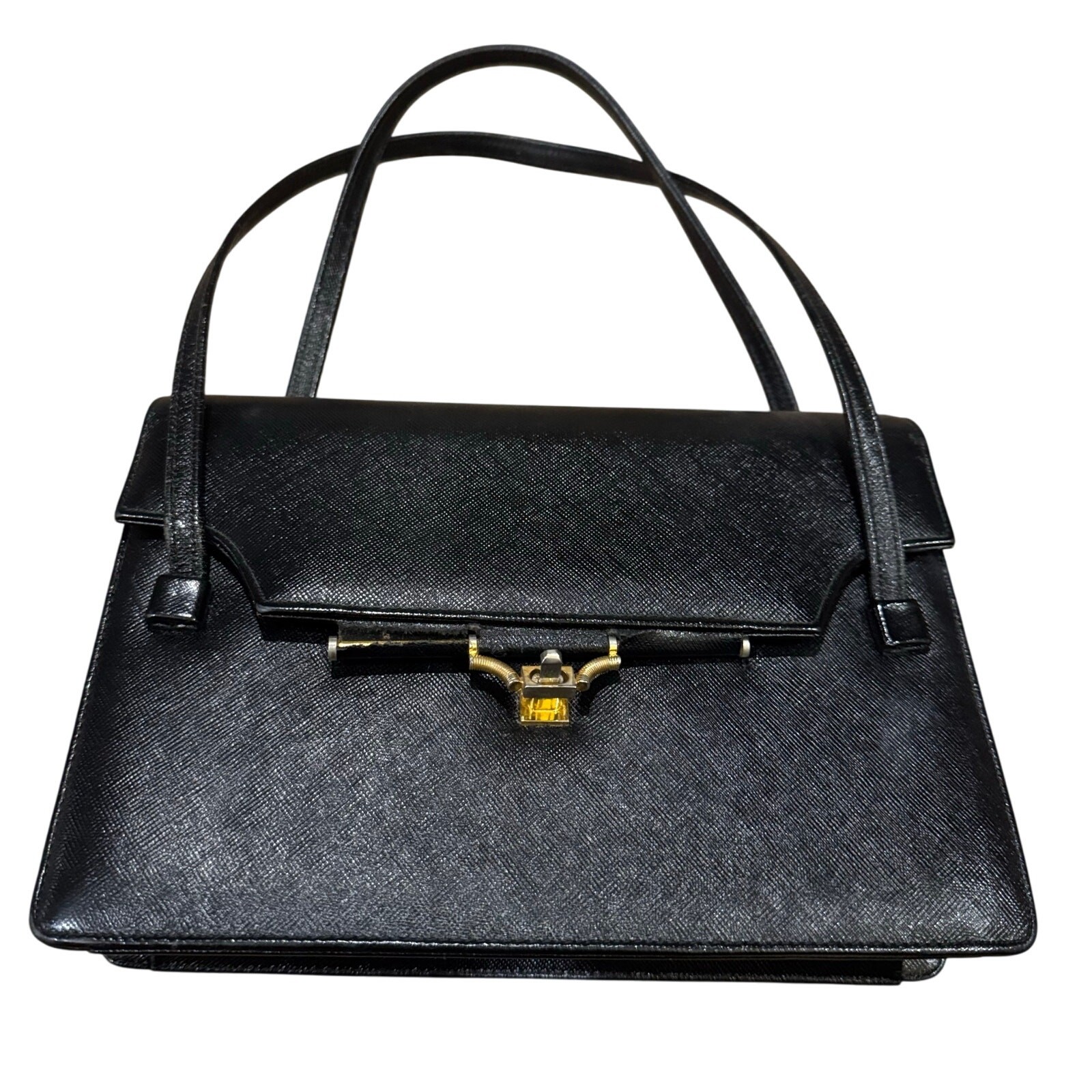 Susan Gail Original Vintage Leather Handbag Purse Black Flap Gold Accents