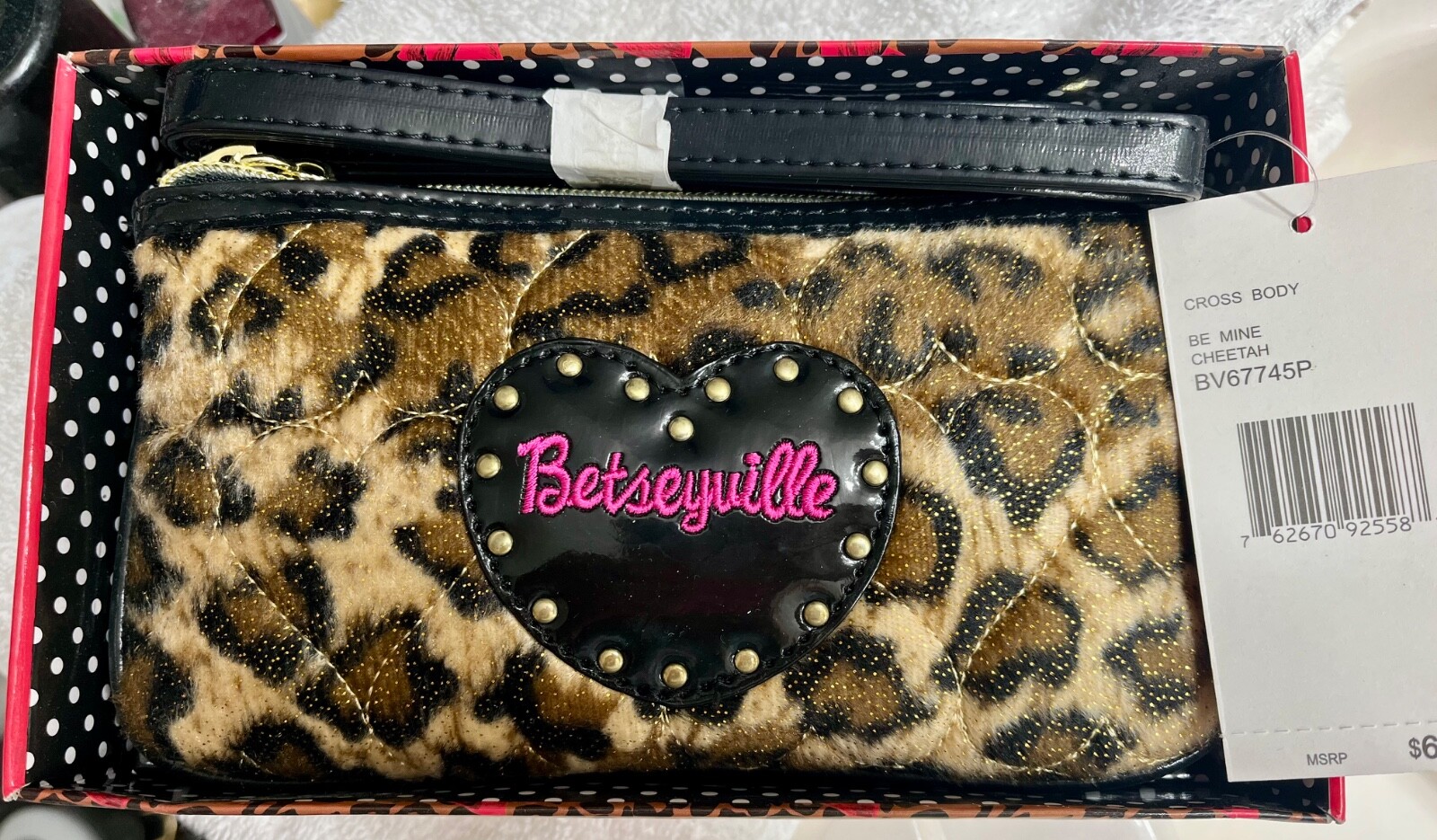 NEW BETSEY JOHNSON Be Mine Hearts Cheetah Leopard Mini Crossbody Purse Bag Pouch