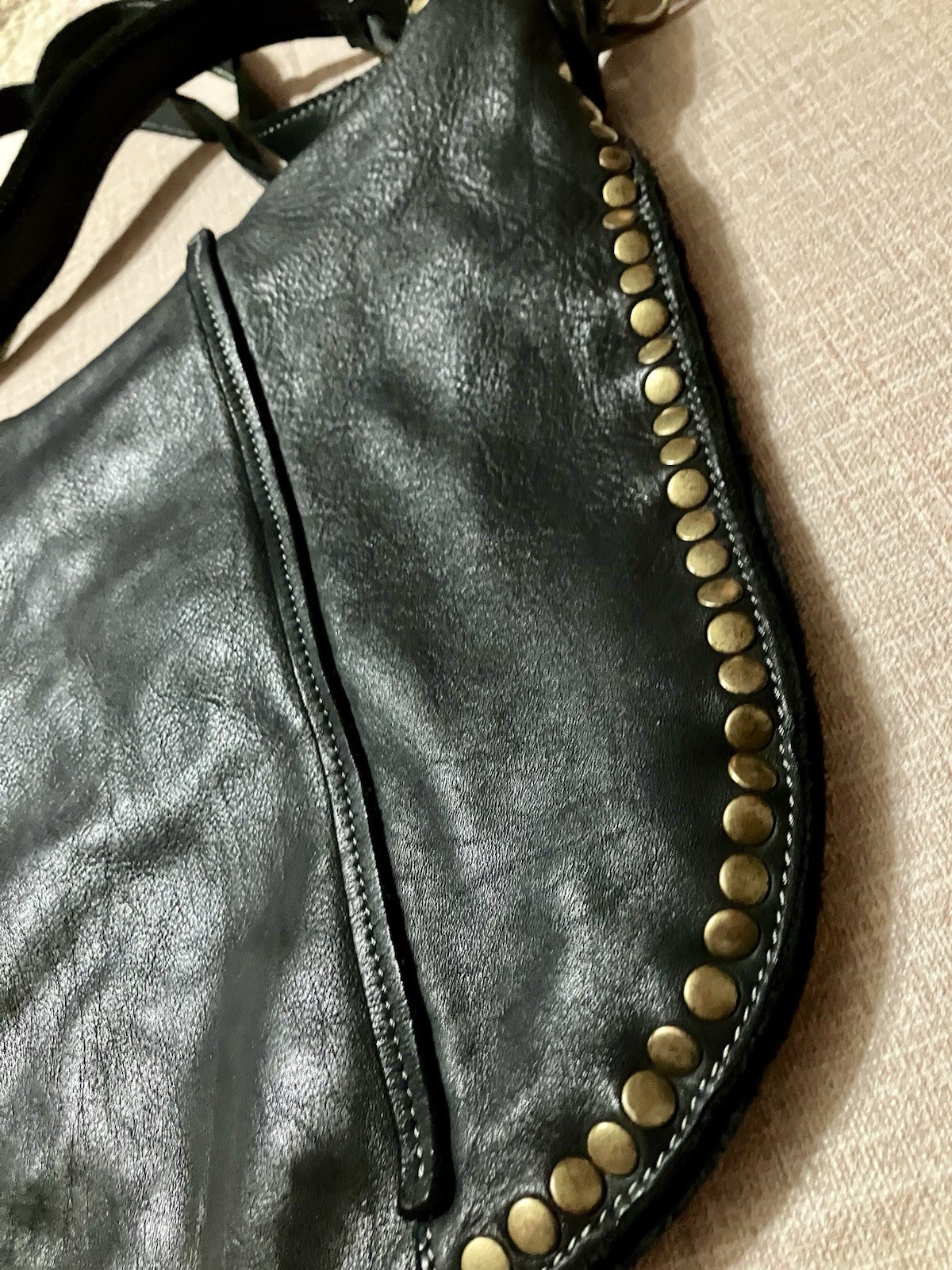 Bolsa Nova Anna Hobo Italian Black Washed Supple Leather Studded Shoulder Bag