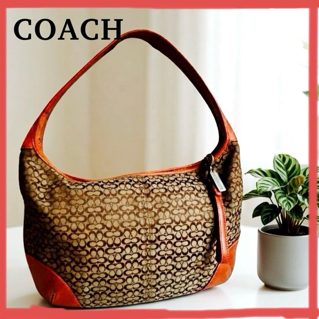 Coach Signature Canvas Leather Shoulder Bag Brown Hobo Charm 11.8in 30cm
