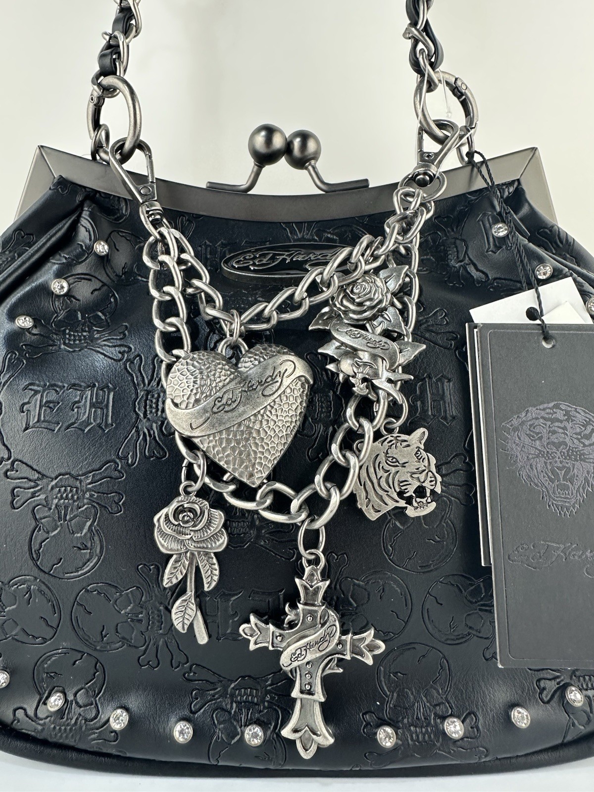 ED HARDY Black SKULL Rose Logo EMBOSSED Studded SATCHEL Tote Bag With Charms NEW