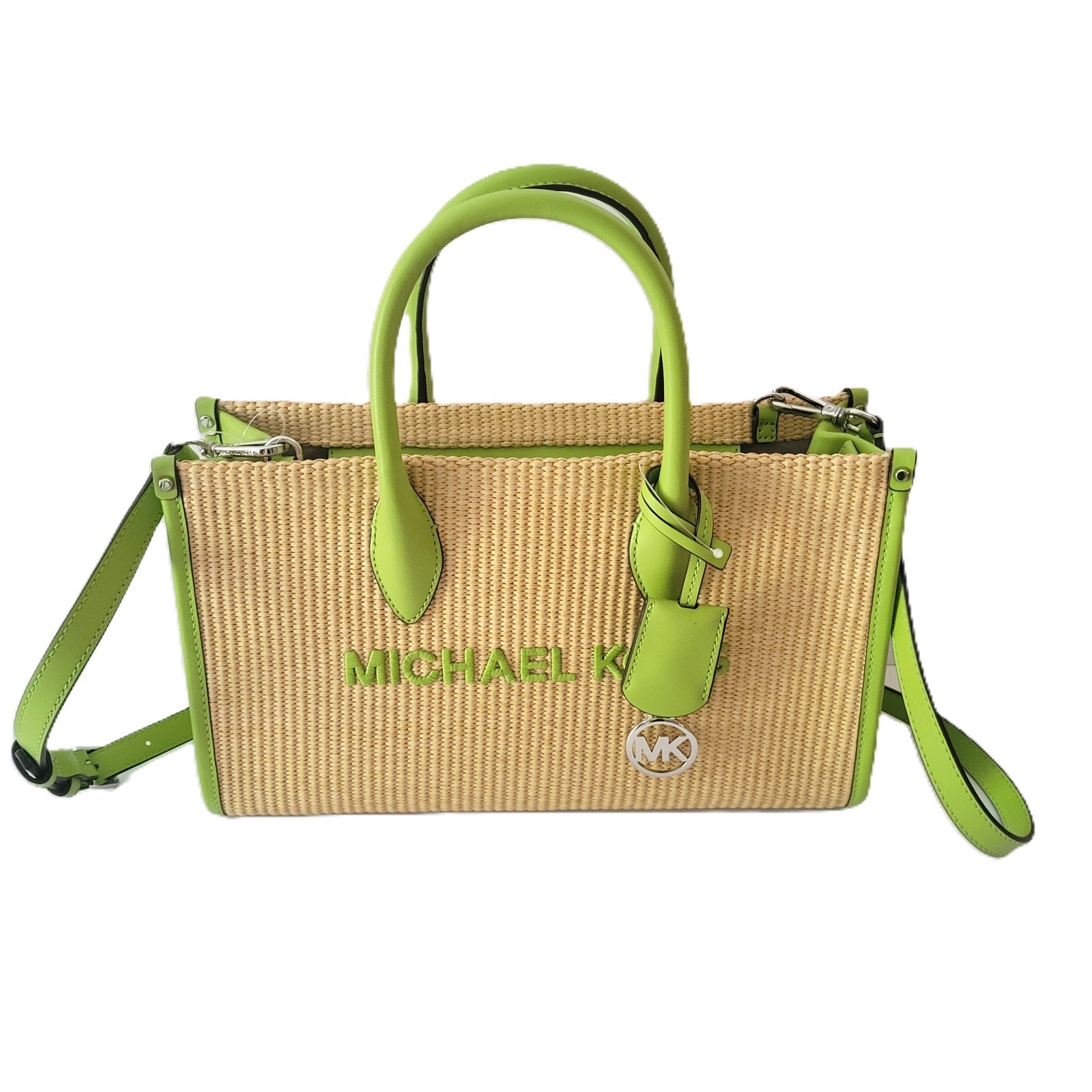 Michael Kors Mirella Medium EW Top Zip Satchel Lime Woven Straw Faux Leather