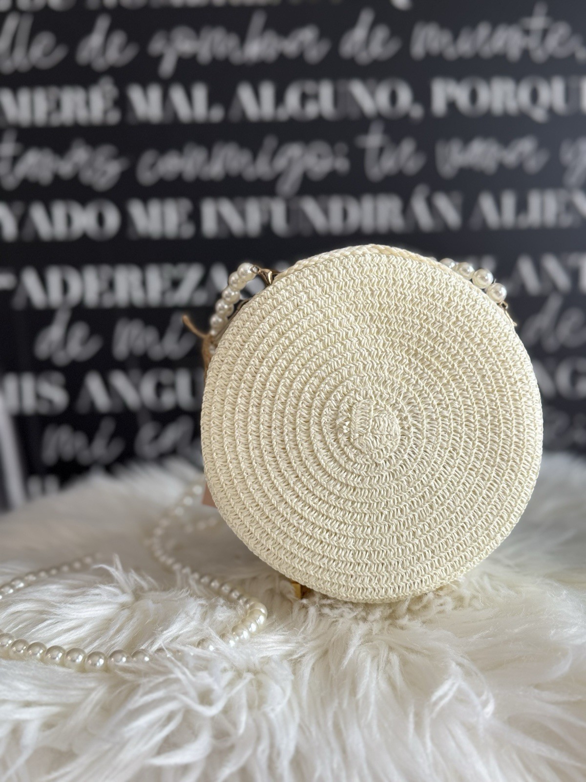 Beige Round Small Crossbody Bag Faux Pearl Strap Zip Gold, Philippians 4:13