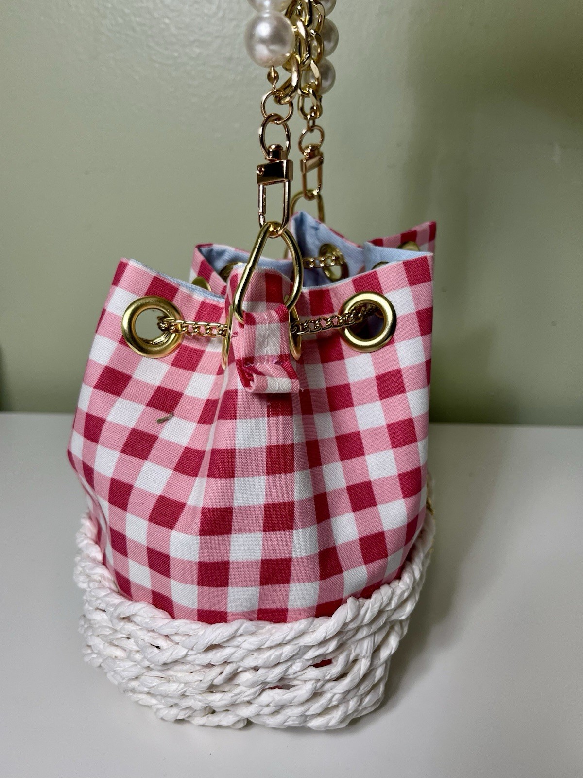 Purse Made By Claudia Disibio Gingham Ruby Fabric Chain Top Handle White Basket
