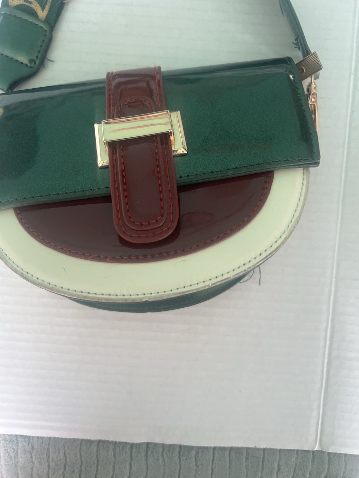 Green Red White Half Moon Crossbody Bag Logo Strap Buckle Gold Hardware Small