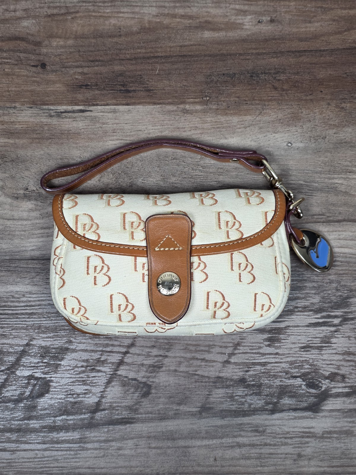 Dooney & Bourke Clutch Cream Brown Wristlet DB Logo Blue Duck Charm