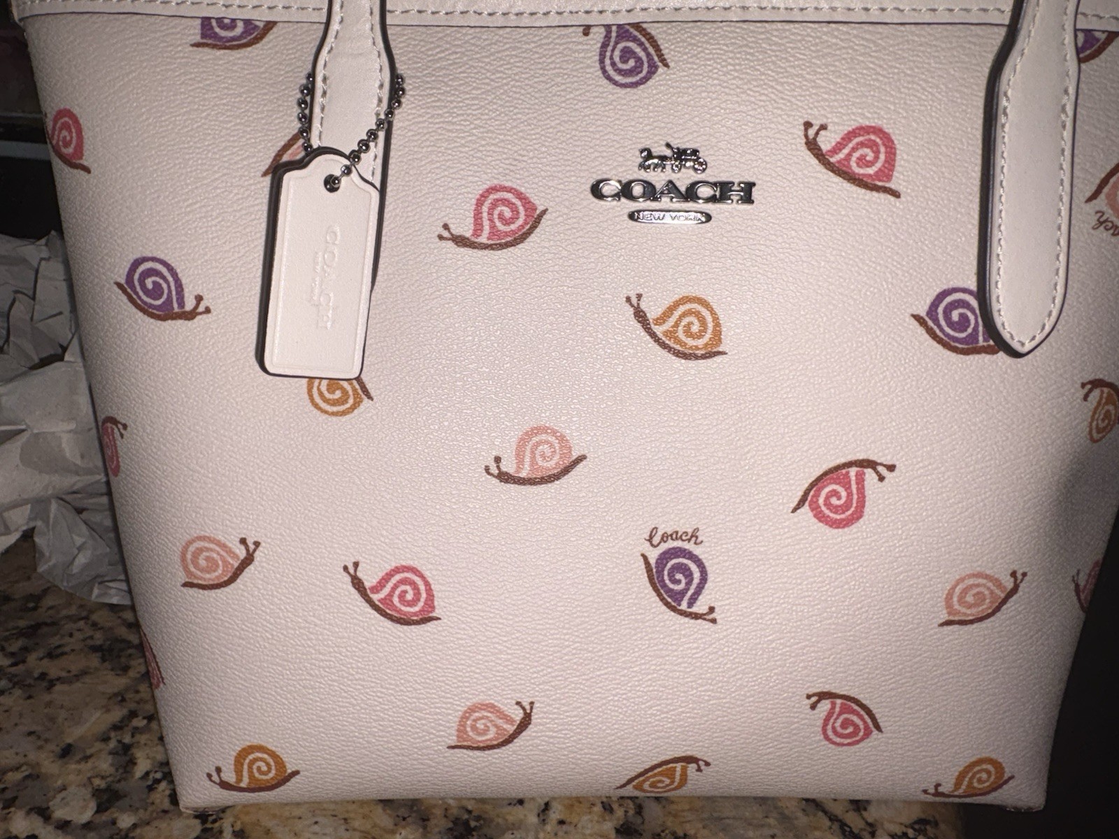 Coach Snail Animal Print Large Tote Shoulder Strap Silver Hardware Bag Charm
