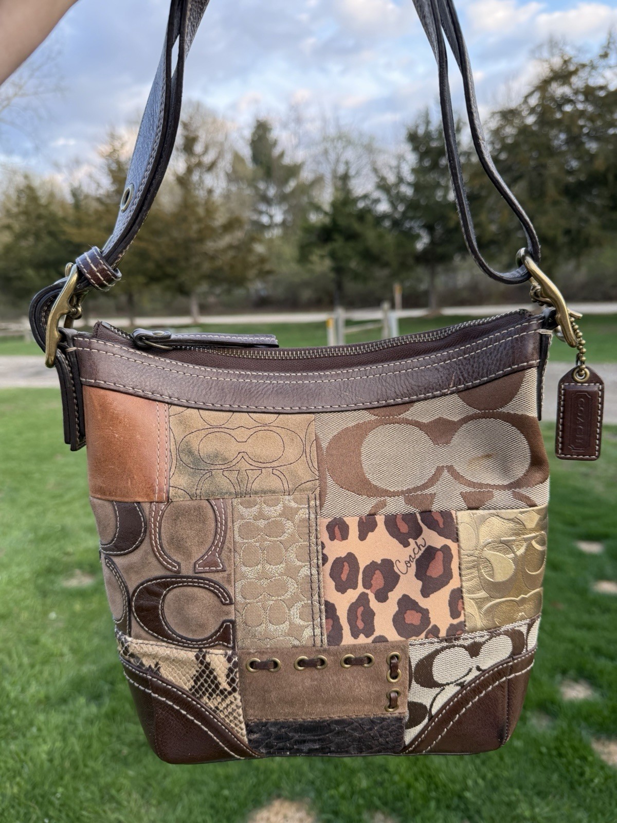 COACH Holiday Patchwork brown leather shoulder bag jacquard logo metallic