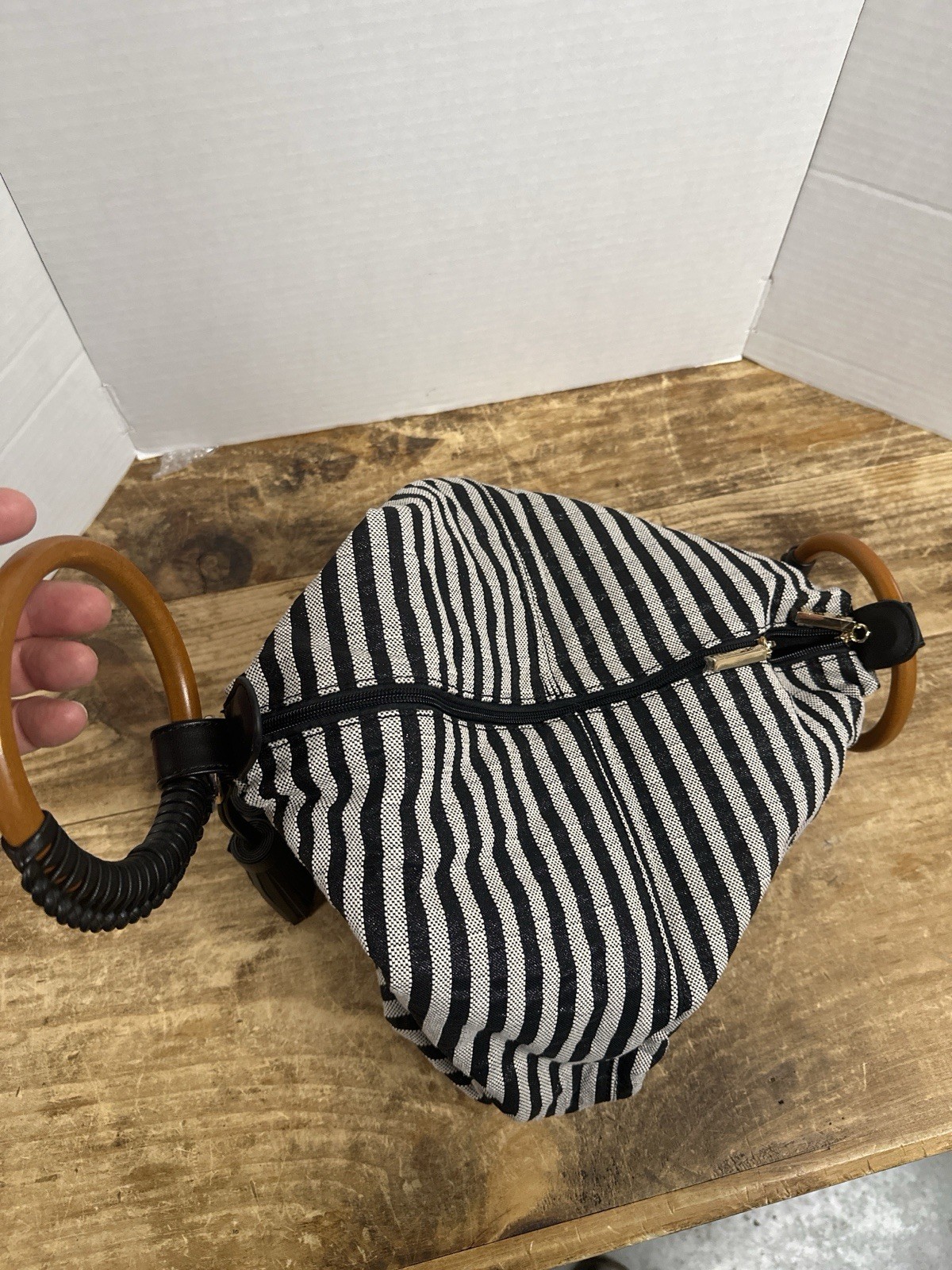 Céline Dion Striped Fabric Handbag Wood Handles Black Tassel Satchel