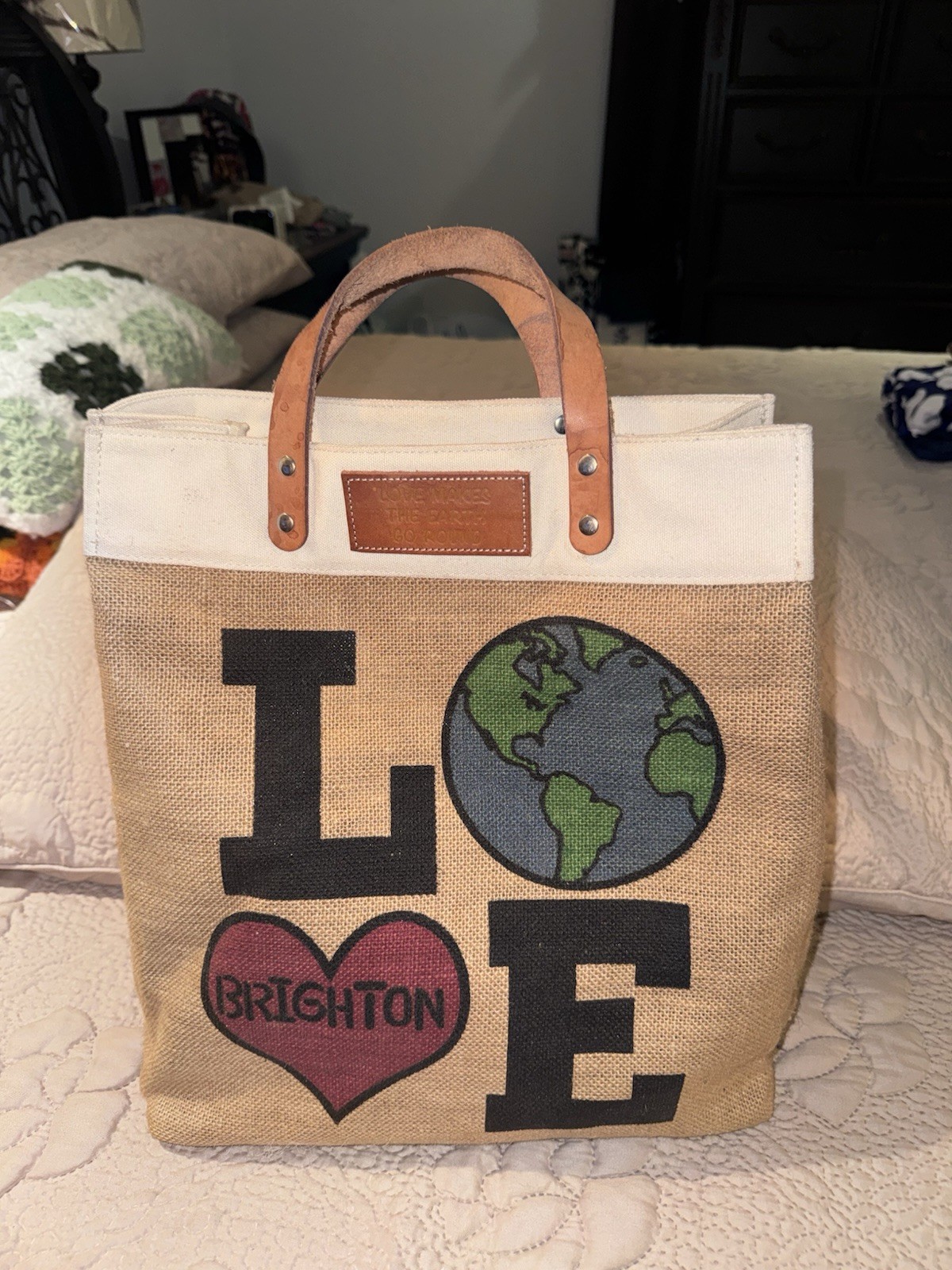 Brighton Love the Earth Burlap Tote Bag Shopper Farmers Style Market Bag
