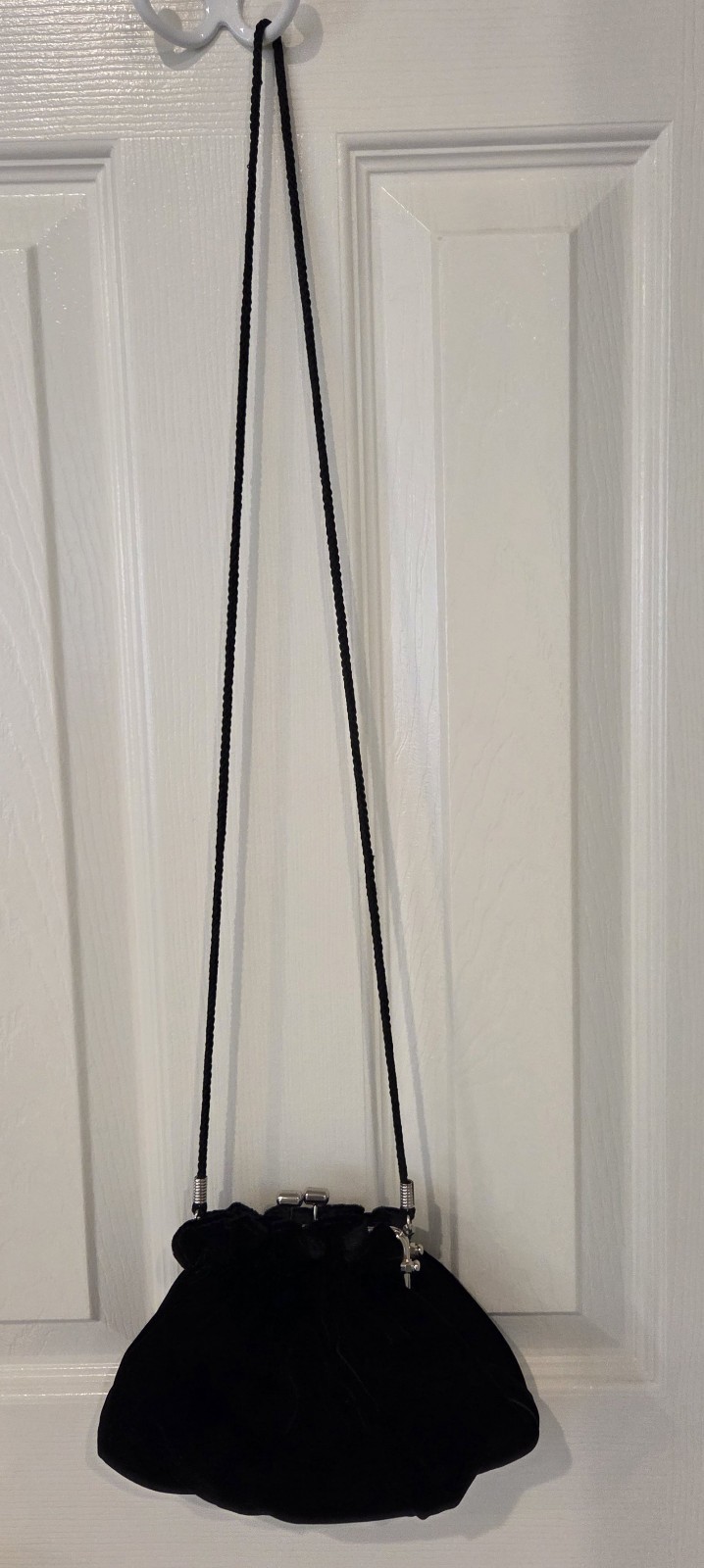 Vintage Small Black Velvet Drawstring Bag, Kiss-lock Clasp, Silver-Tone Hardware