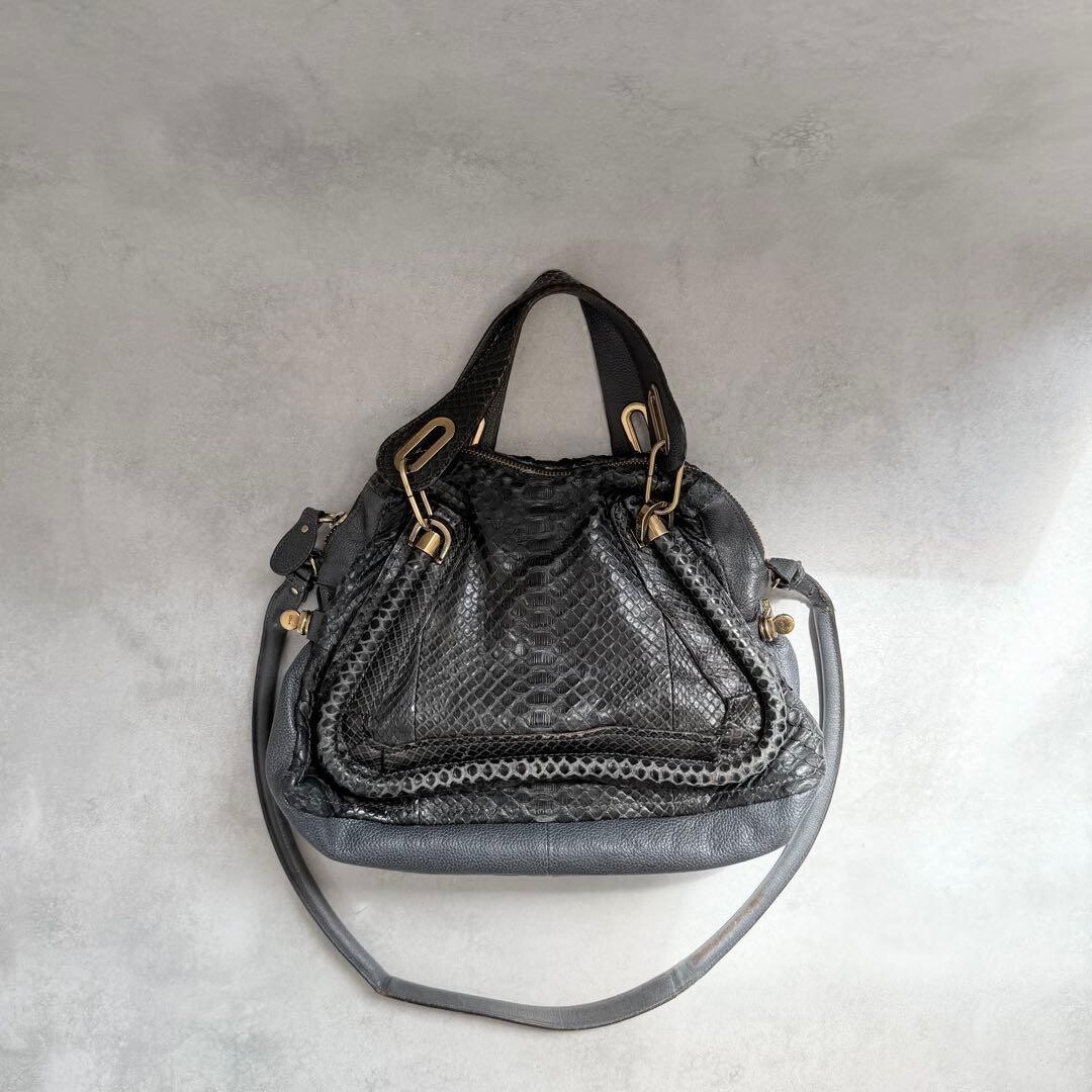 Chloe Paraty Python Leather Black Shoulder Bag Gold Hardware 35cm 100cm Strap
