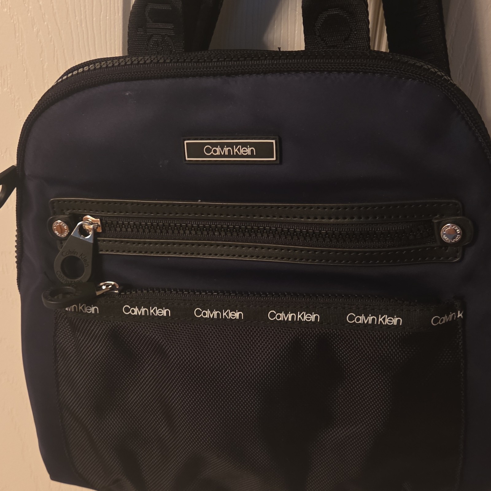 Calvin Klein Navy/Black Logo Medium Backpack Nylon Front Zip Pocket Zip Closure