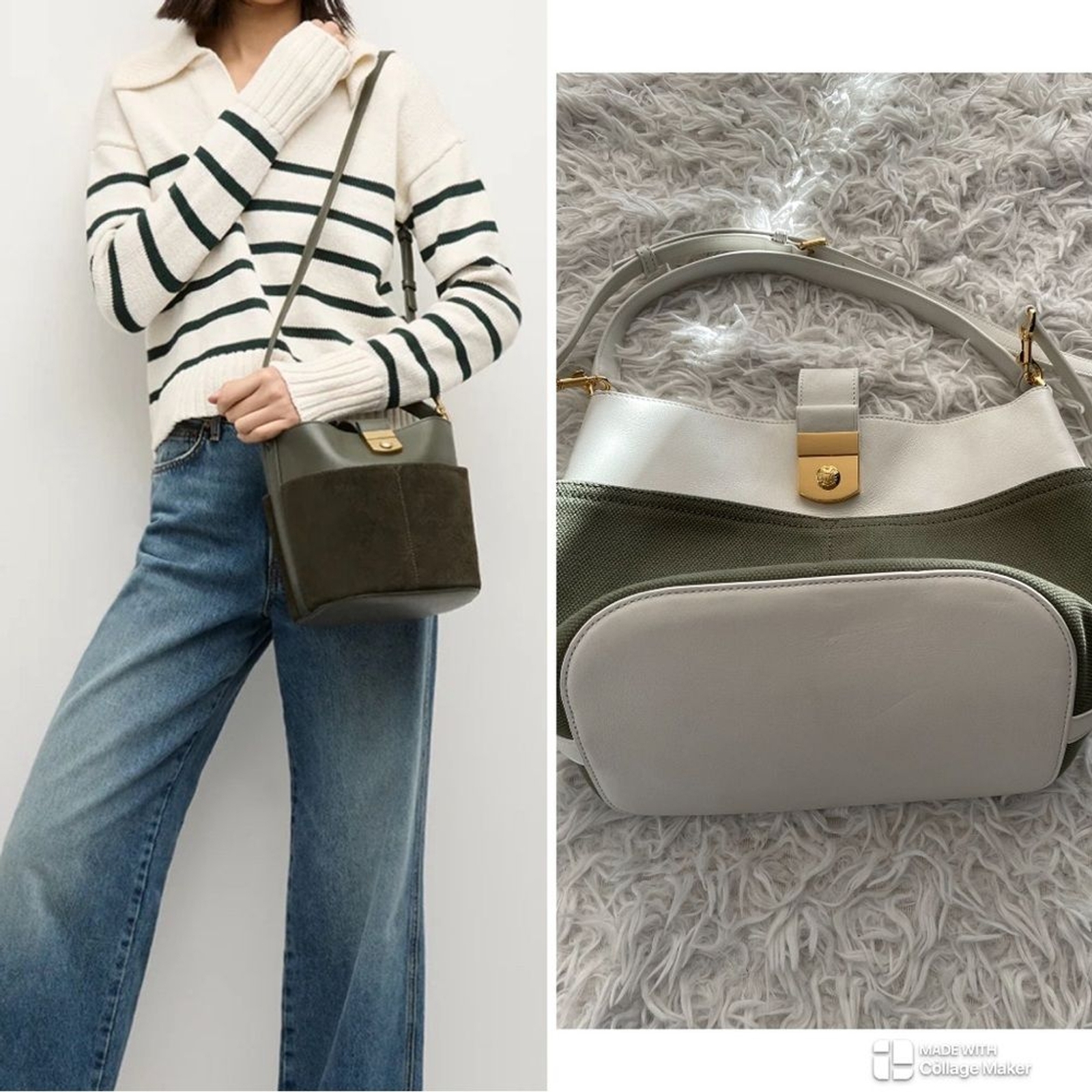 RRP US$548 NEW Veronica Beard Small Suede Crest Lock Bucket Bag green white
