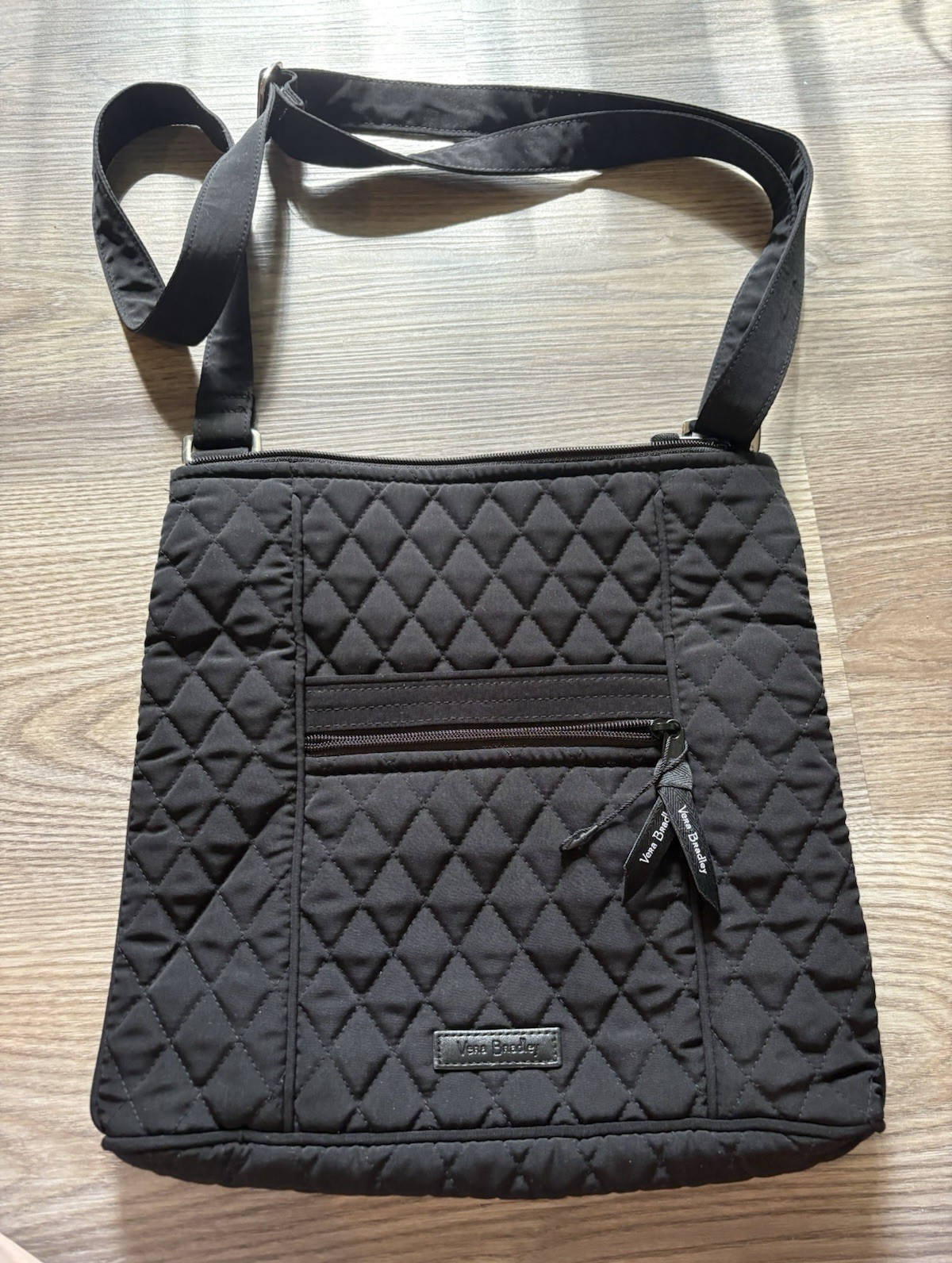 Vera Bradley Black Quilted Crossbody Bag Zip Closure Lined Outer Pockets