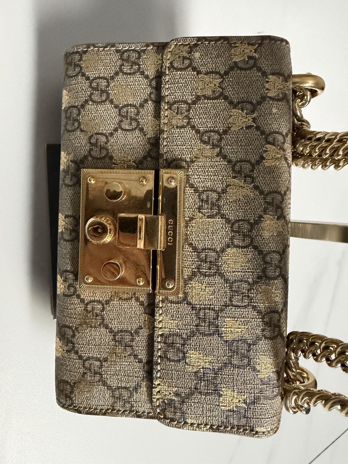 Gucci GG Monogram Shoulder Bag Beige/Black Chain Strap Push Lock Gold HW
