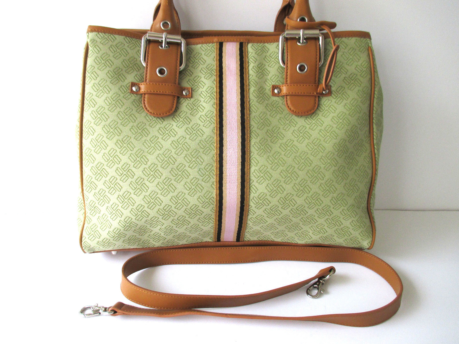 Bandolino Handbag Light Green w/ Tan Faux Leather Trim Removable Shoulder Strap