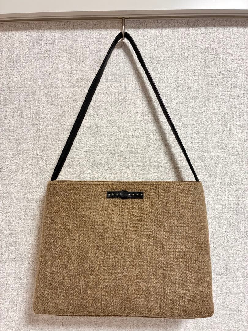 Kate Spade Beige Handbag Wool Fabric Black Faux Leather Strap 28x21x8.5cm