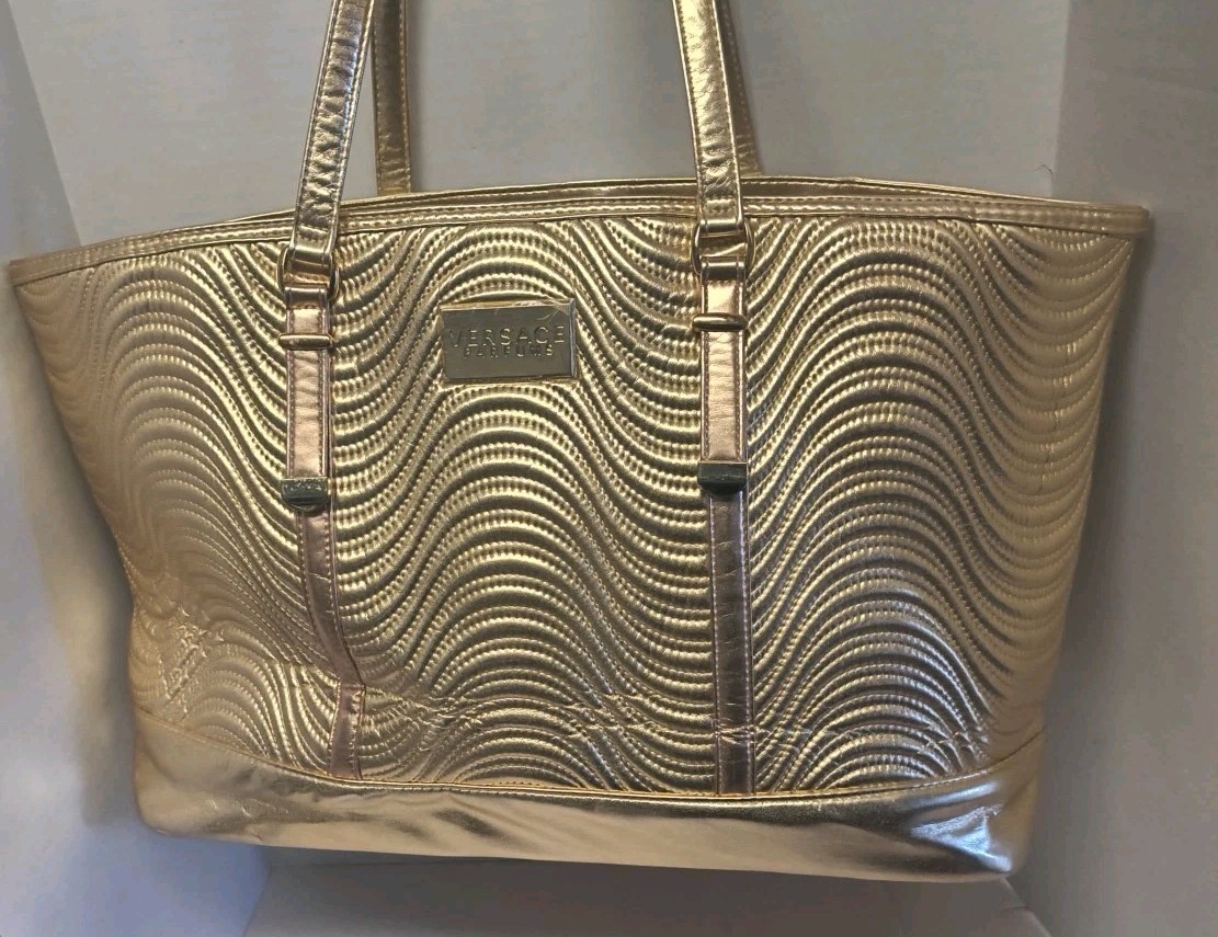 Versace Parfums Gold Ribbed Magnetic Clasp Weekender Travel Tote Large Bag