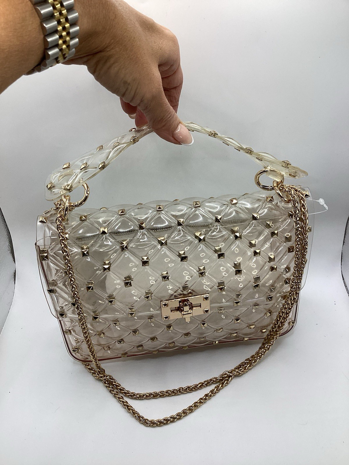 Clear Quilted PVC Studded Shoulder Bag Gold Chain Link Transparent Handbag