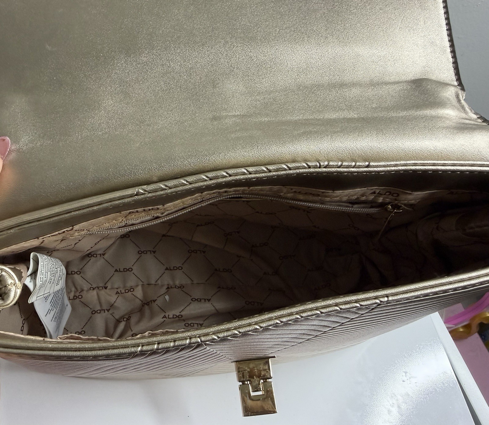 ALDO Gold Metallic Geometric Quilted Chain Strap Turn Lock Small Shoulder Bag