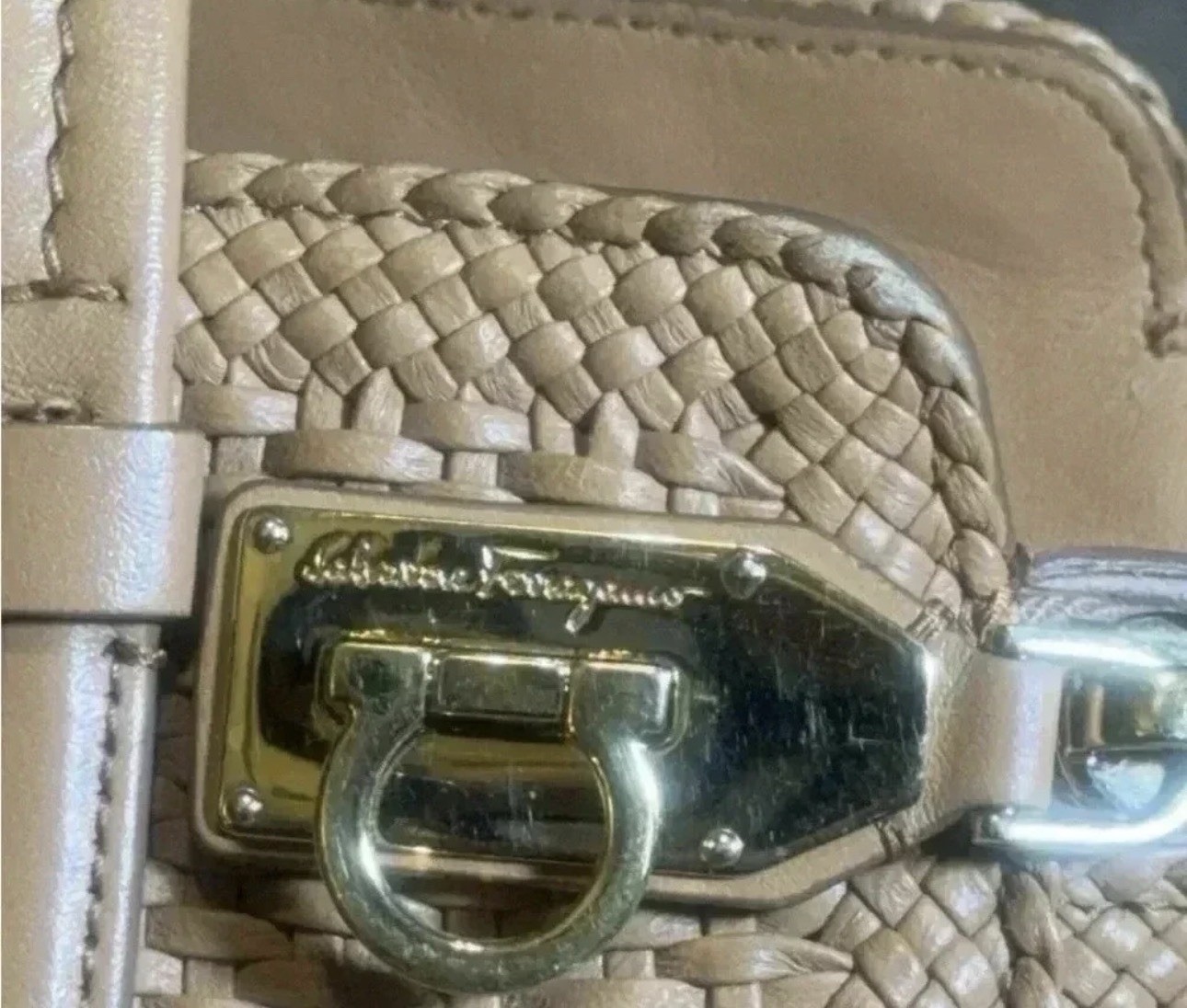 SALVATORE FERRAGAMO Woven, Designer Luxury Handbag, Camel, Leather Purse