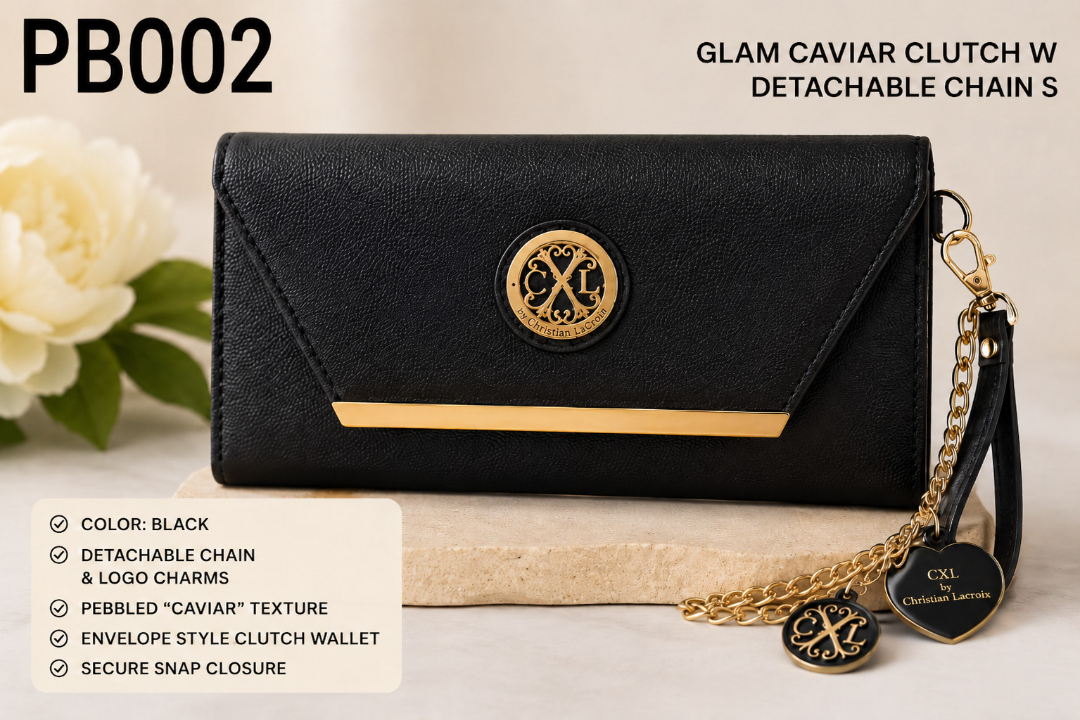 PB002 CXL Christian Lacroix Glam Caviar Black Clutch Chain Strap NWT
