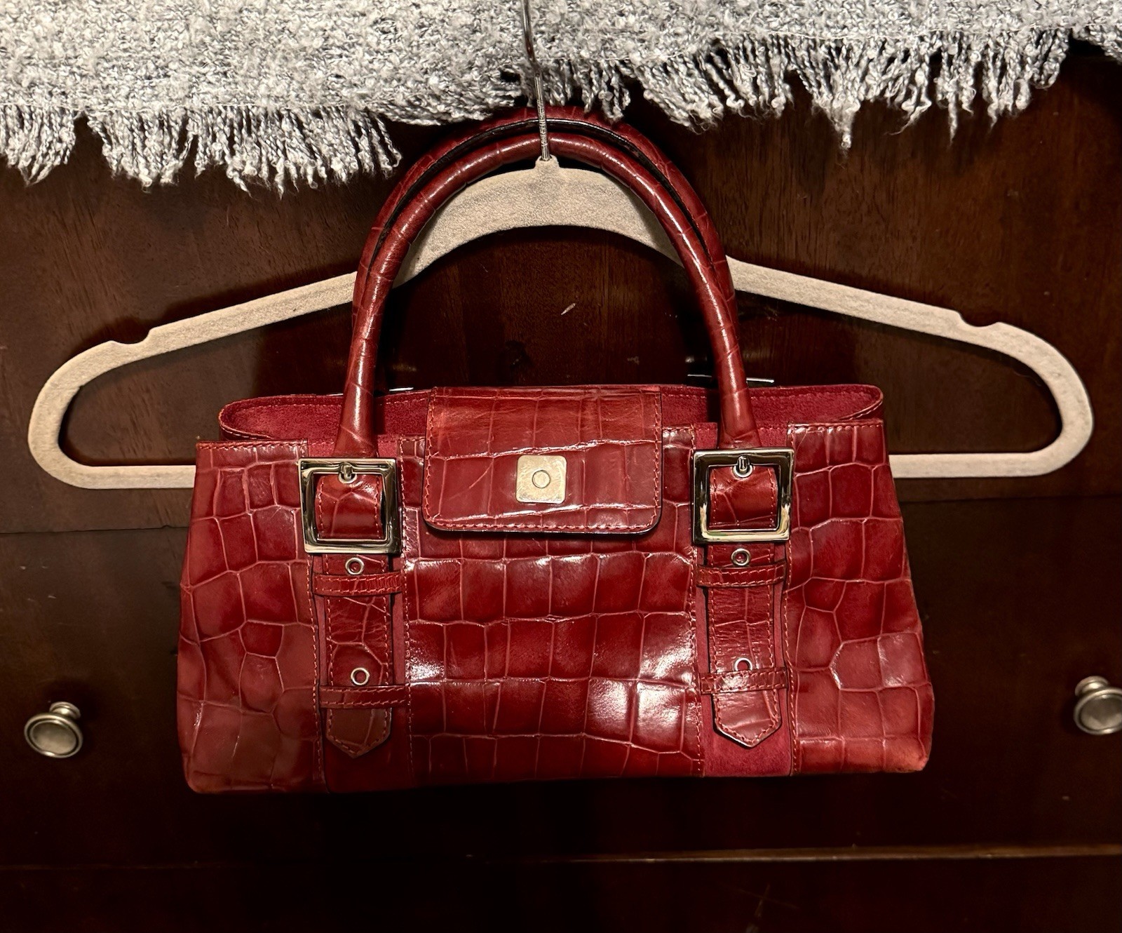 R2K Croc Embossed Burgundy Leather Satchel Handle Buckle Accent