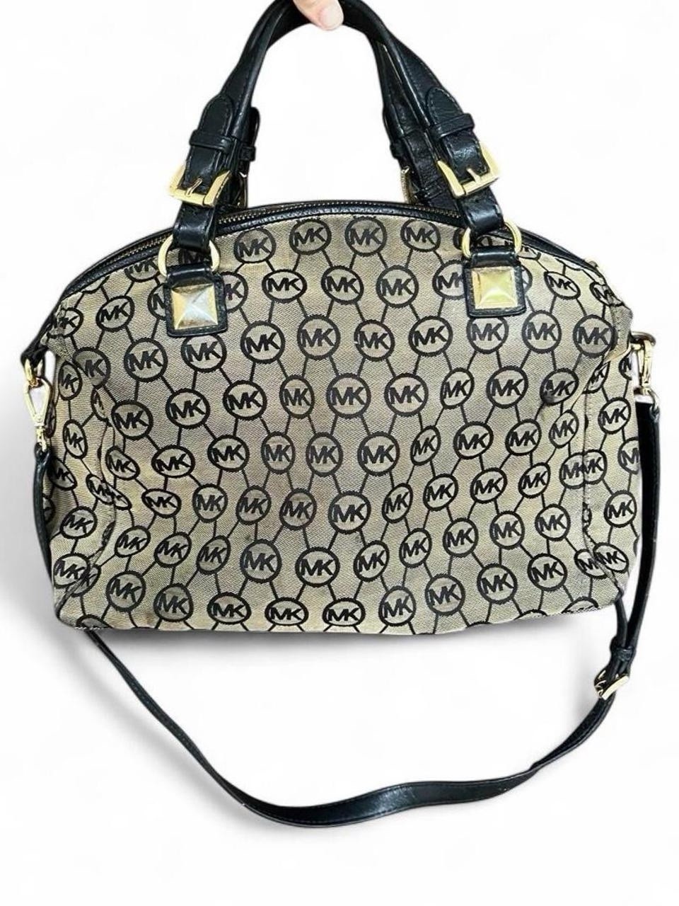 Michael Kors Calista Large MK Monogram Satchel Shoulder Bag Black Beige READ