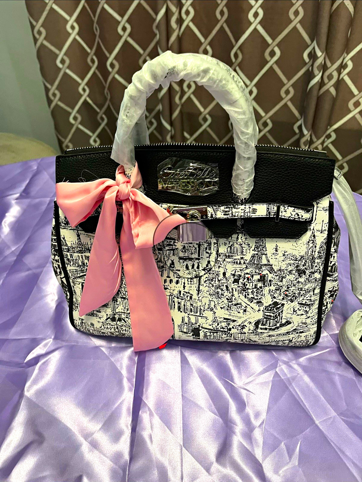 Paris Toile Black/White Satchel Top Handle Bag Pink Bow Zip Strap Pockets