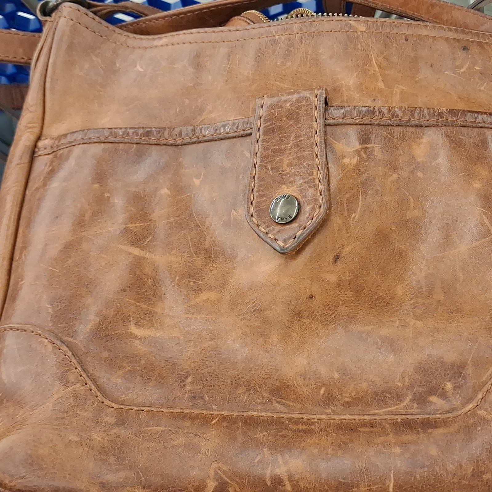 Frye Women’s Brown Distressed Leather Zip Shoulder Bag Purse, Lined