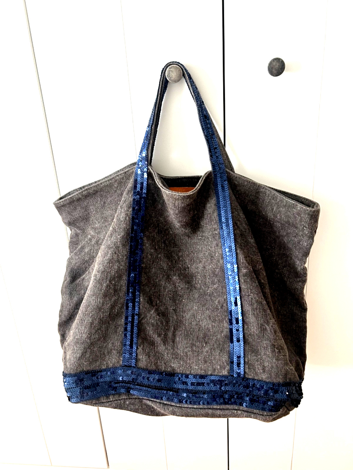 Vanessa Bruno Linen Cabas Tote Large – Grey with Navy Blue Sequins – EUC