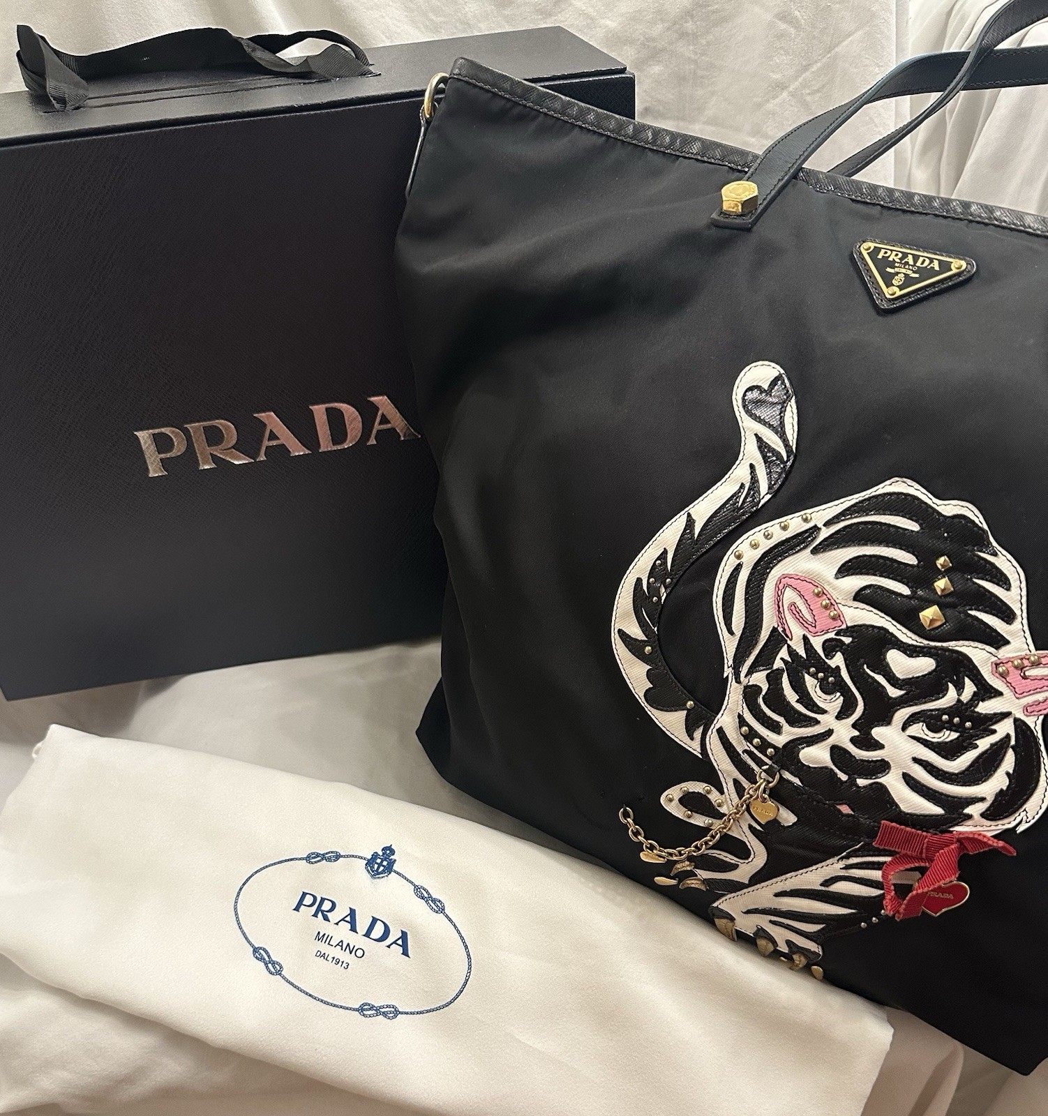 PRADA Year of the Tiger Black Tessuto Nylon Tote White Dust Bag and Box