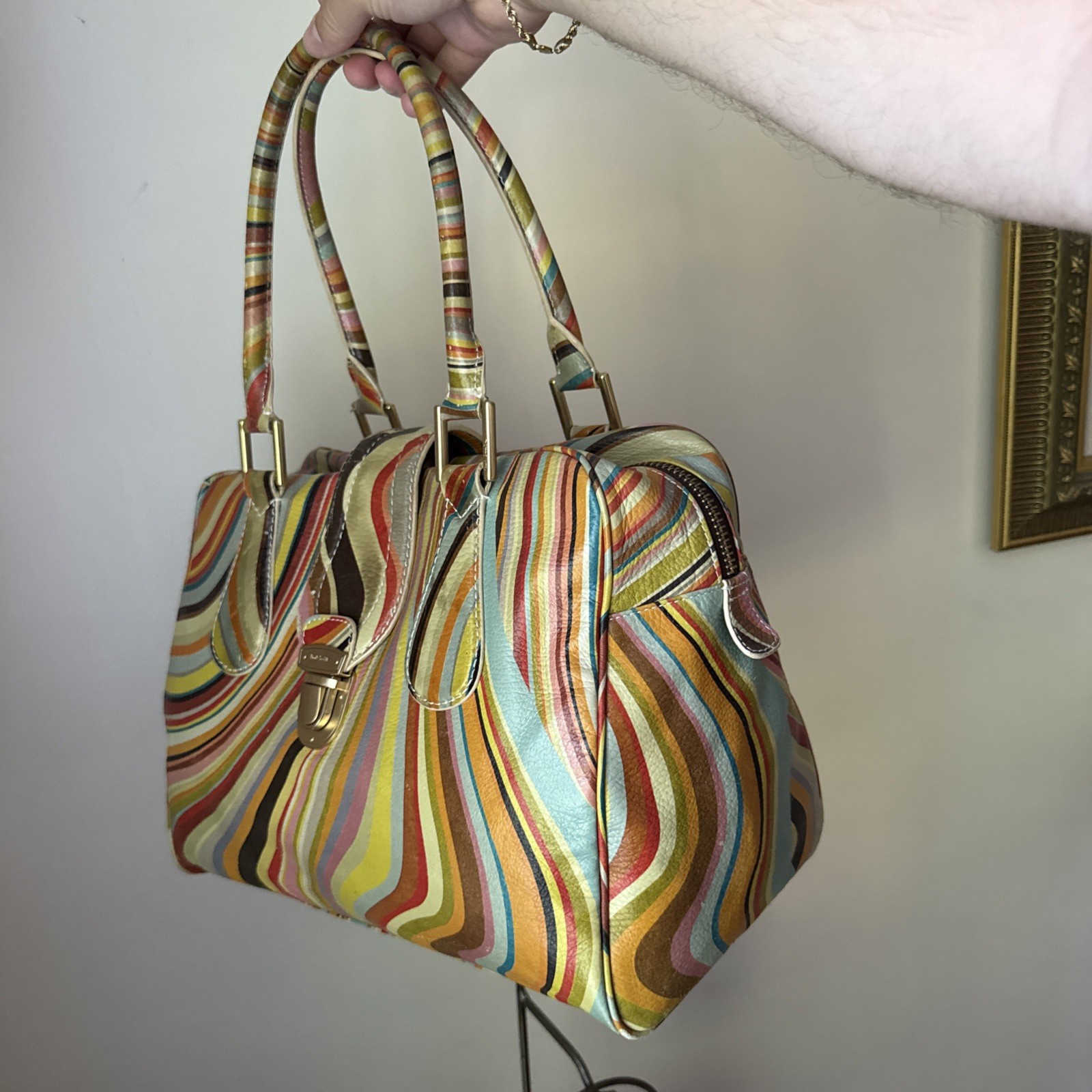 Paul Smith Classic Multicolour Swirl Leather Push Lock Shoulder Bowler Handbag