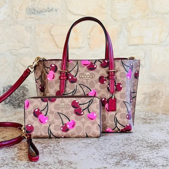 Coach Cherry Print Mollie Tote Signature Canvas Brown Handbag/Wallet Option NWT