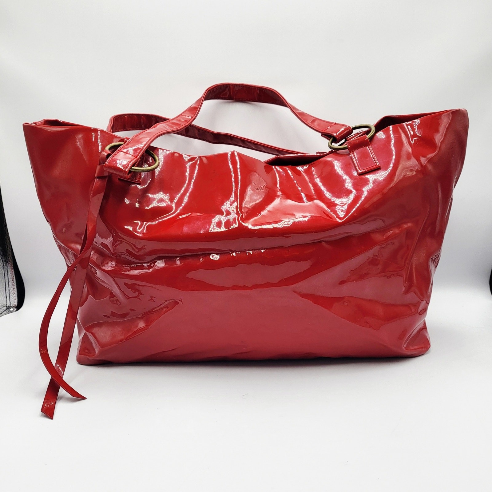 Vintage Neiman Marcus Red Glossy Finish Patent Leather Tote Shoulder Bag Chic
