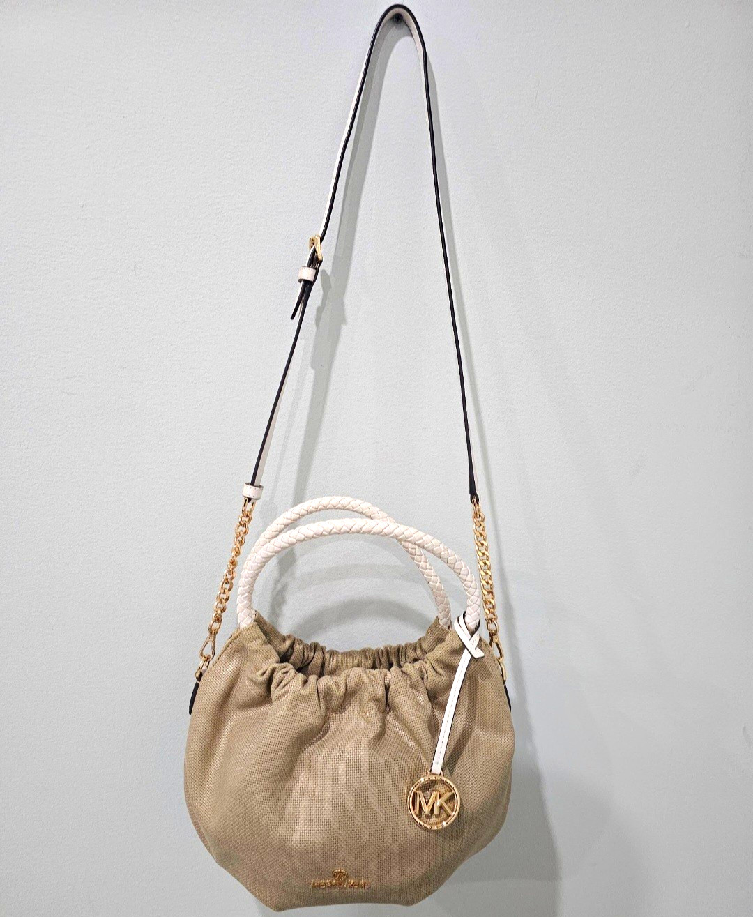 Michael Kors Beige Drawstring Satchel Top Handle Bag Charm Detachable Strap