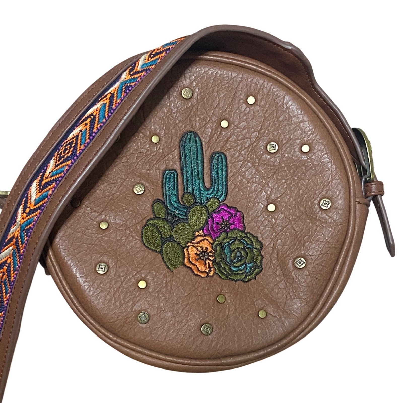 Catchfly Brown Round Cactus Embroidered Crossbody Bag Hippie Chic Western Purse