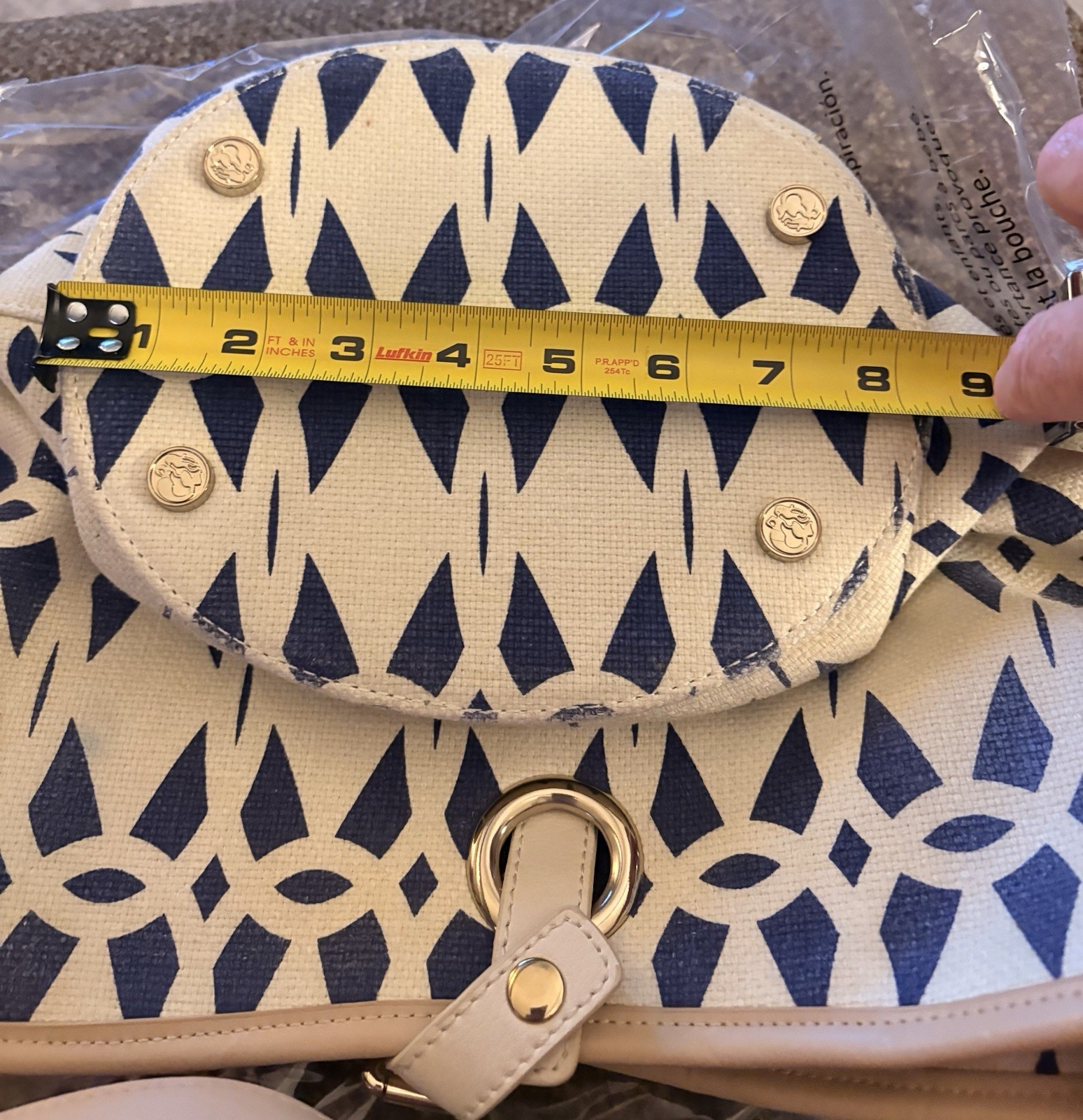 Spartina Geometric Blue/Beige Crescent Shoulder Bag Detachable Strap Magnetic