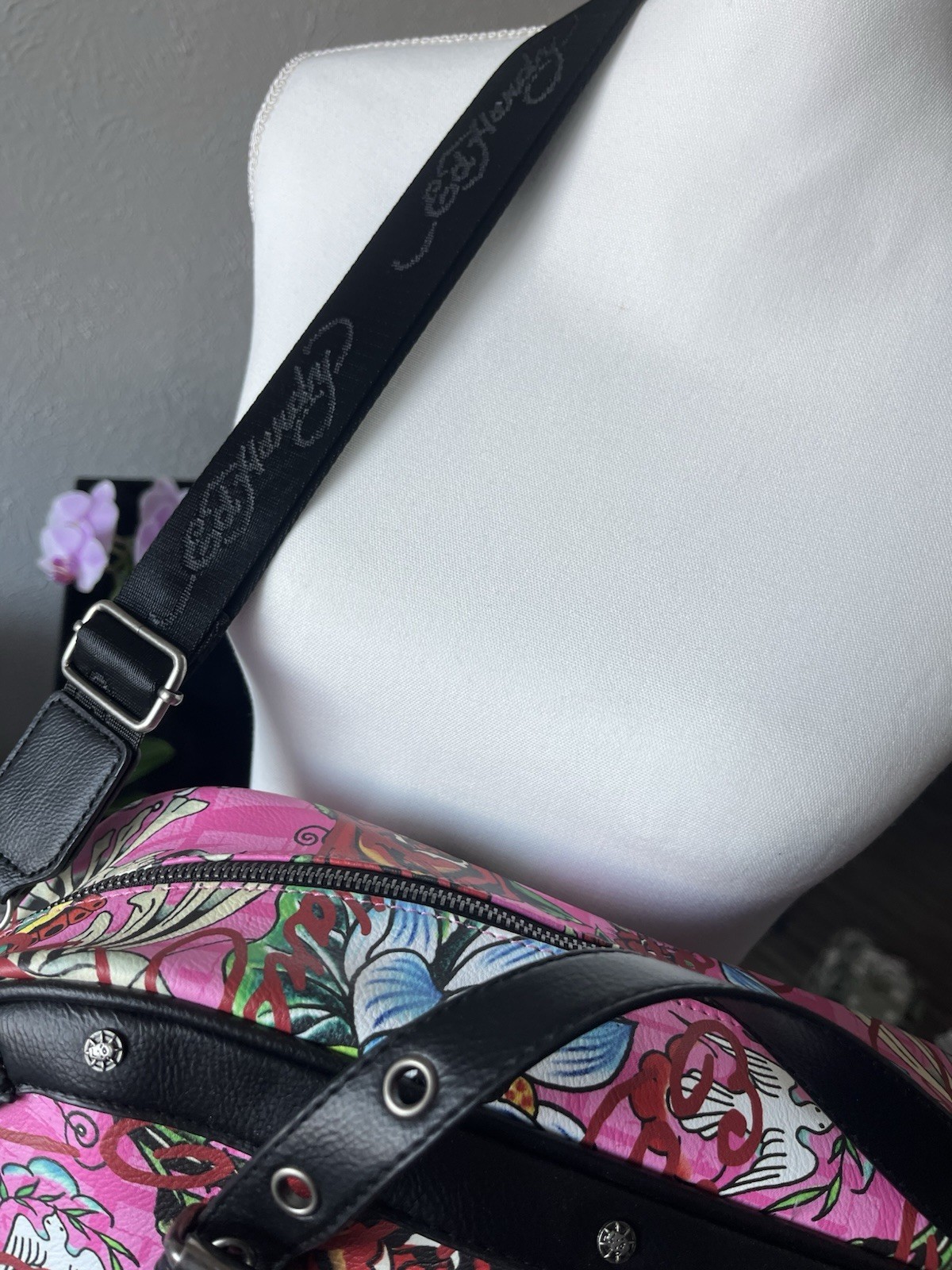 Ed Hardy Pink Tattoo Satchel Bag with Studded, Embroidered & Crystal Accents