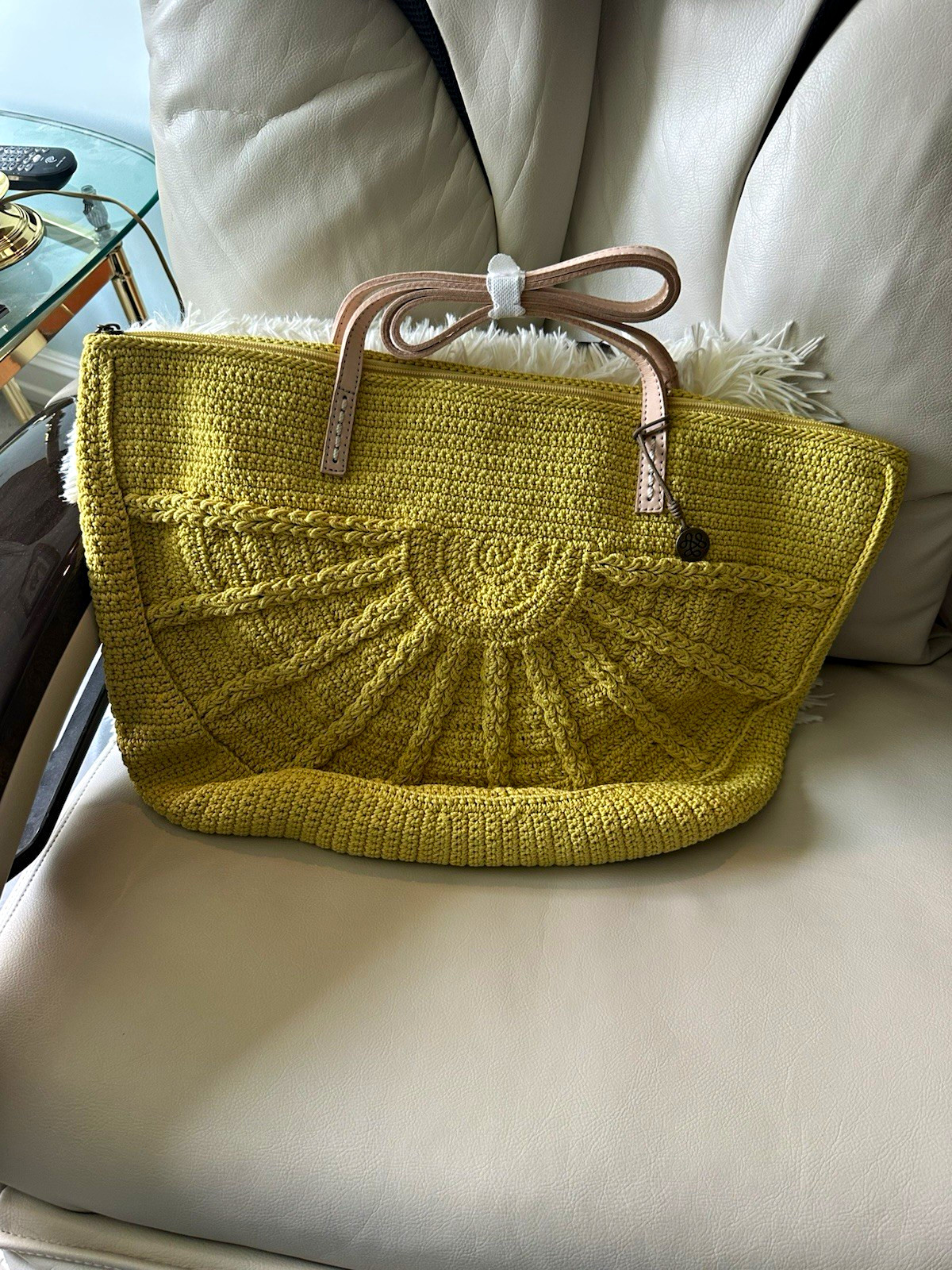 Hand-Crocheted Handmade Yellow Tote Bag Beige Top Handle Braided Accents