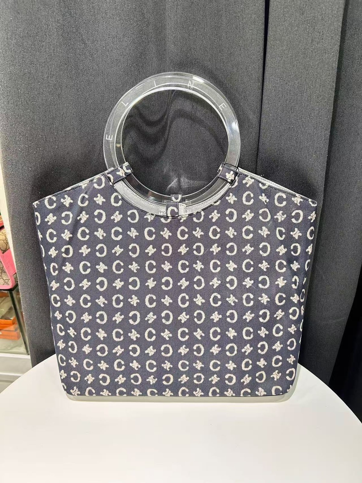 Authentic Celine Acrylic Ring Handle Canvas Tote France
